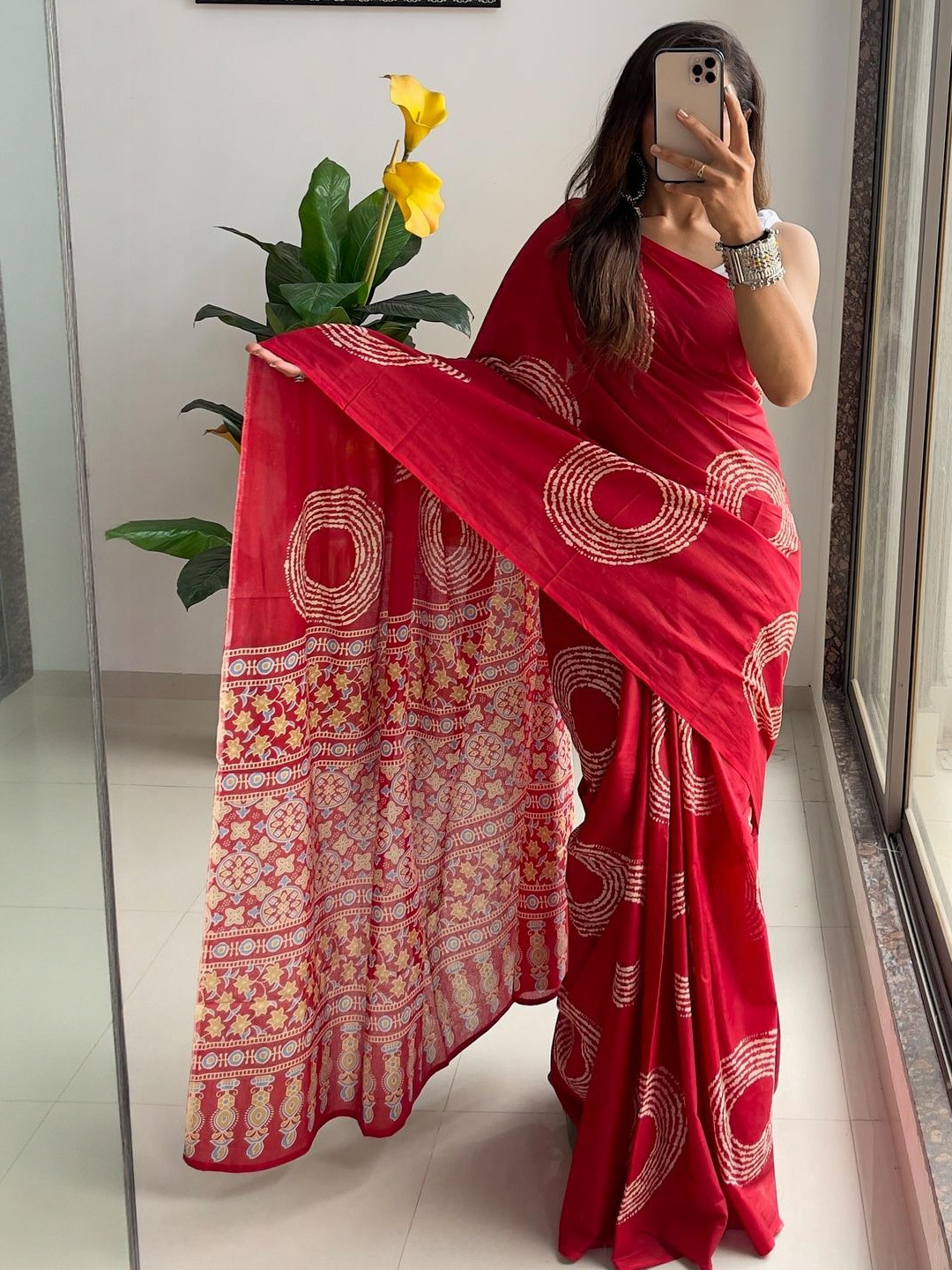 Suha Red Pure Cotton Printed Block Print Sarees