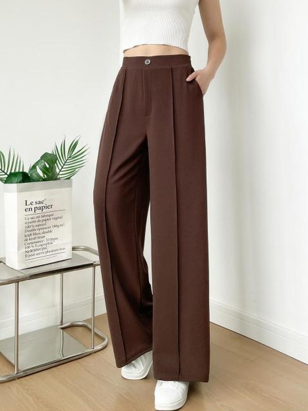 Lugo Women Coffee Brown Wide Leg Trousers with Pleated Design