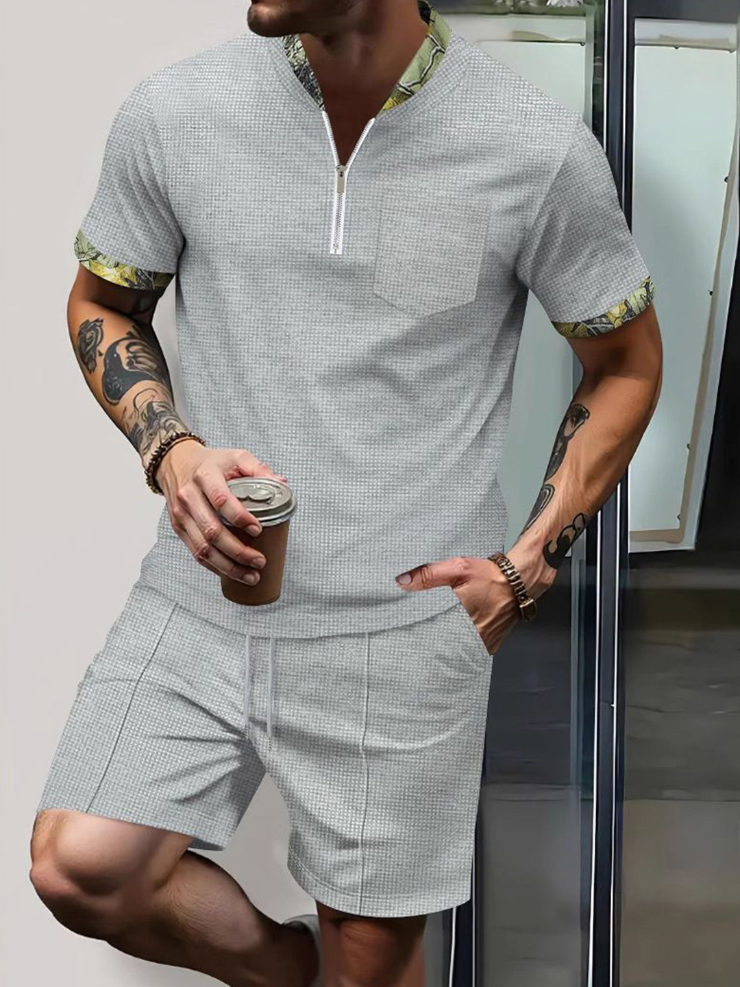 StyleCast x Revolte Self-Design Shawl Neck Tshirt With Shorts