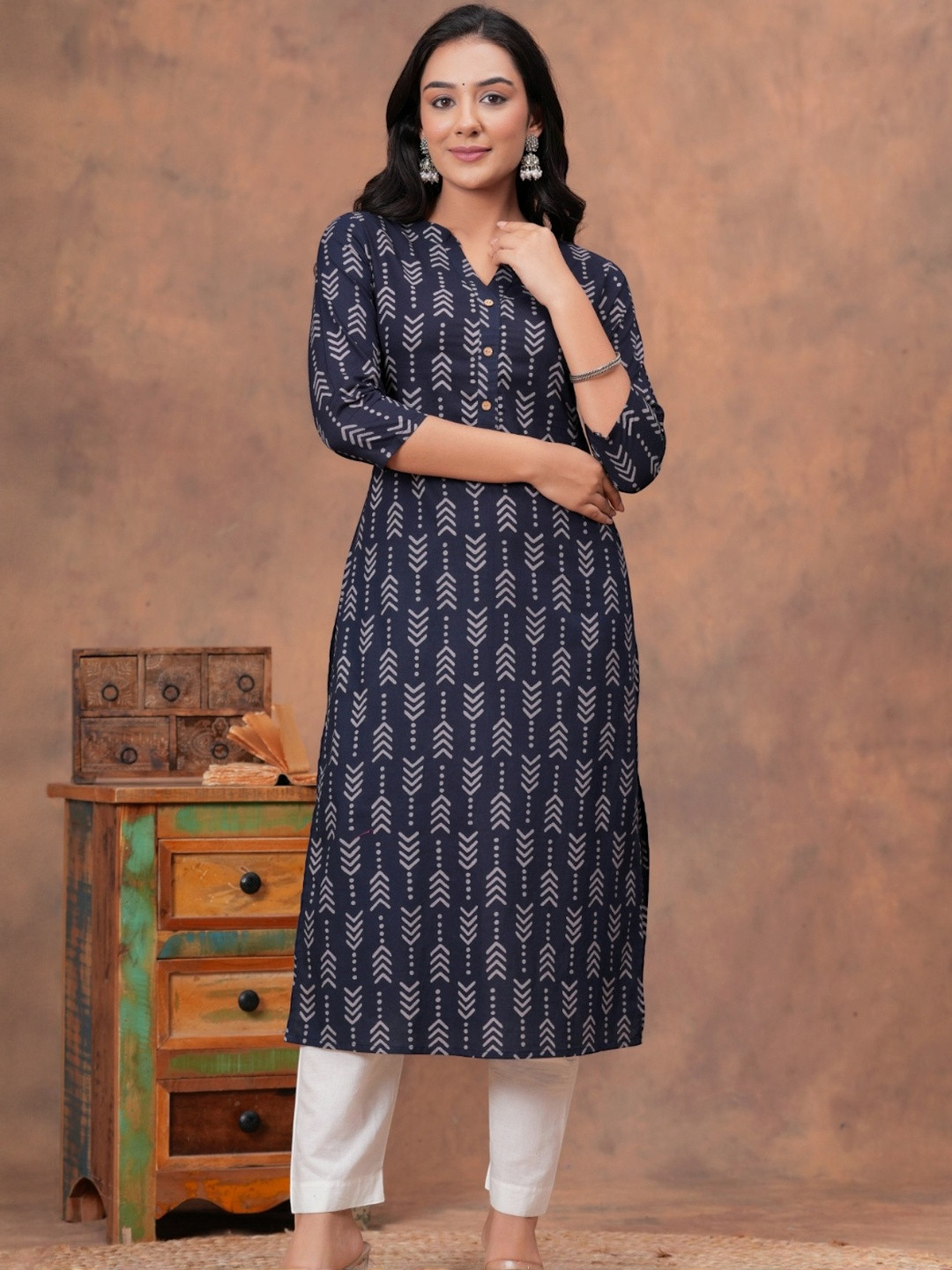 HERE&NOW Women Nave Blue Ethnic Motifs Printed Kurta