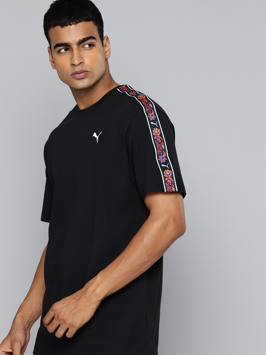 Puma Floral Sport Drop-Shoulder Sleeves Pure Cotton Relaxed Fit T-shirt