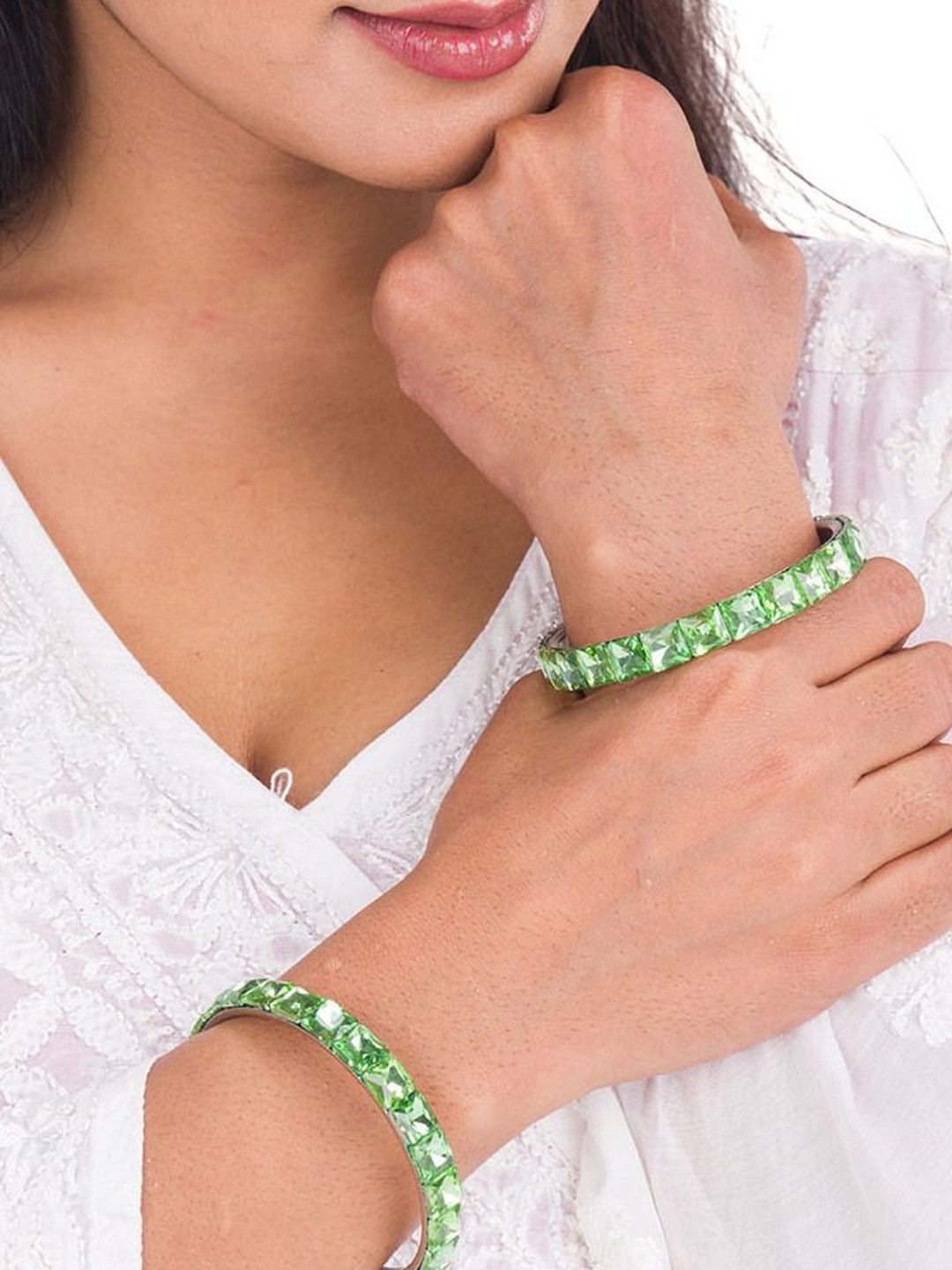 Mamon Creations Set Of 2 Gold-Plated & Lime Green Alloy Zircon Bangles