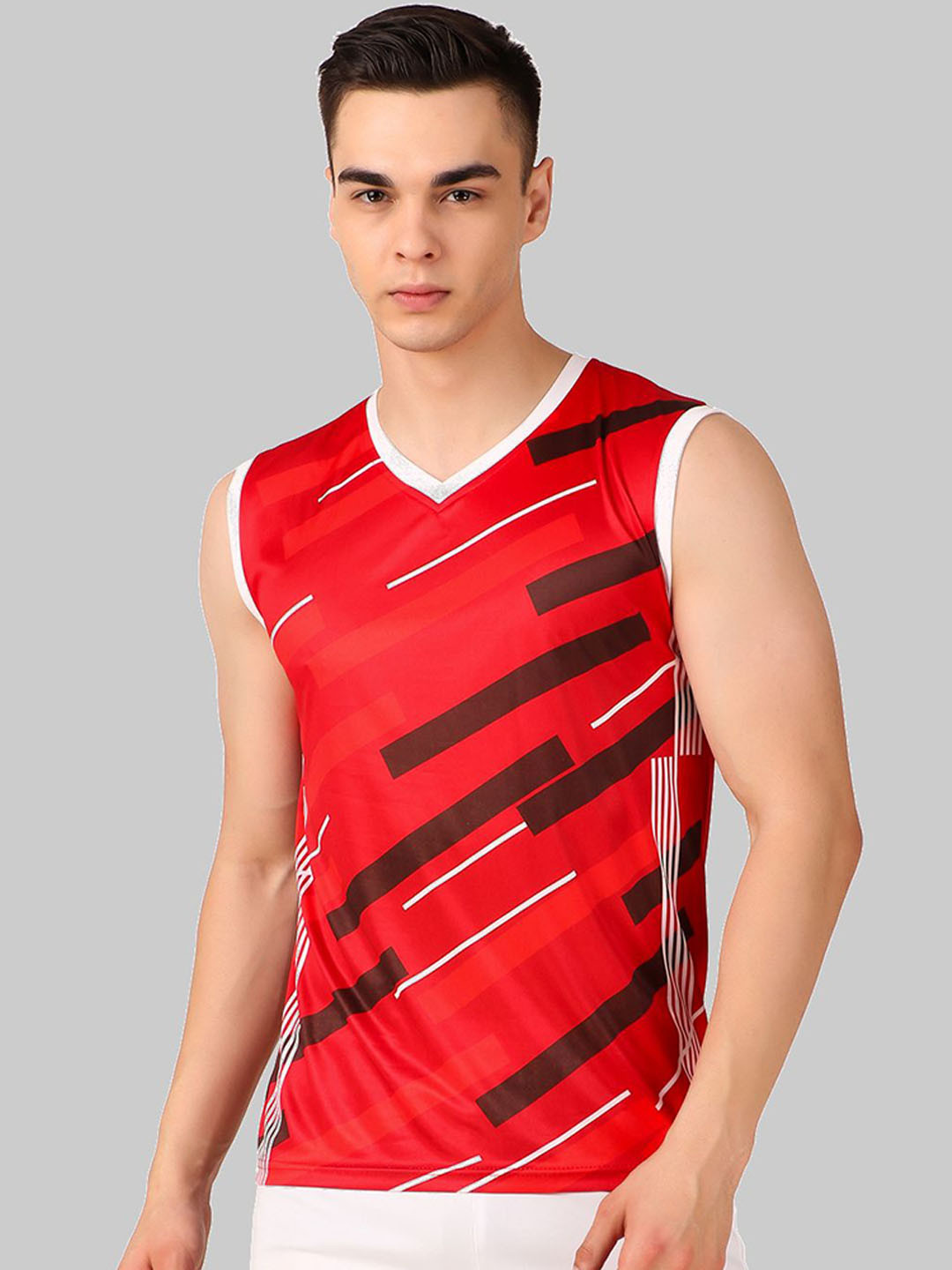 VECTOR X Men Red & White Polyester V-Neck Sleeveless Sports Co-Ords Set