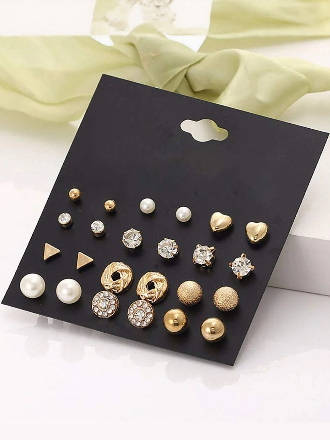 DressBerry Combo of 12 Pair Golden Studded Pearl Stud Earrings