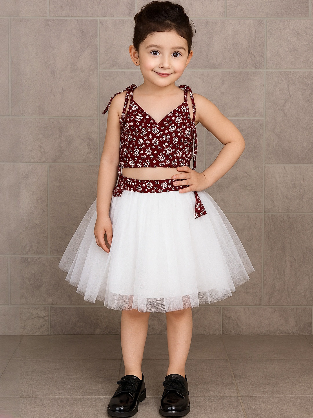 Charan Kanya Girls Maroon Floral Printed Shoulder Straps Top With Skirt