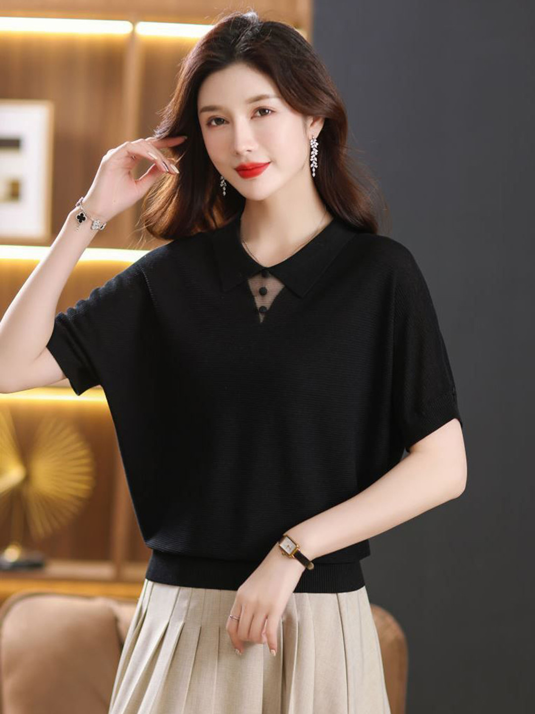 StyleCast Polo Collar Black T-shirt