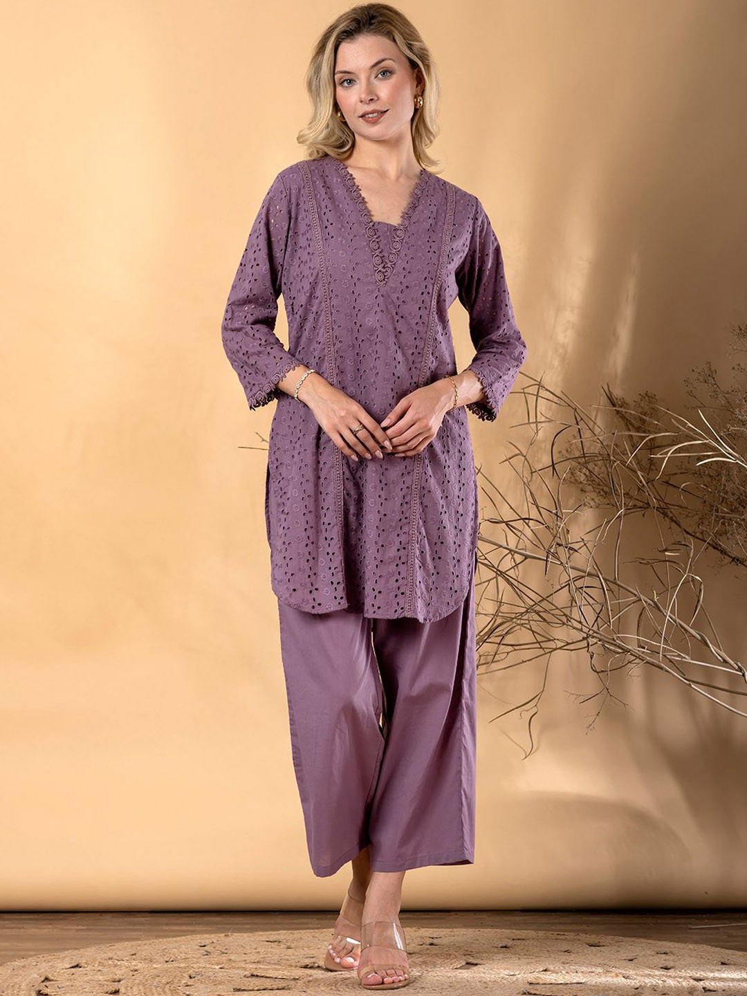 Readiprint Women Solid Violet Cotton Embroidered Work Tunic And Palazzos Co-Ords