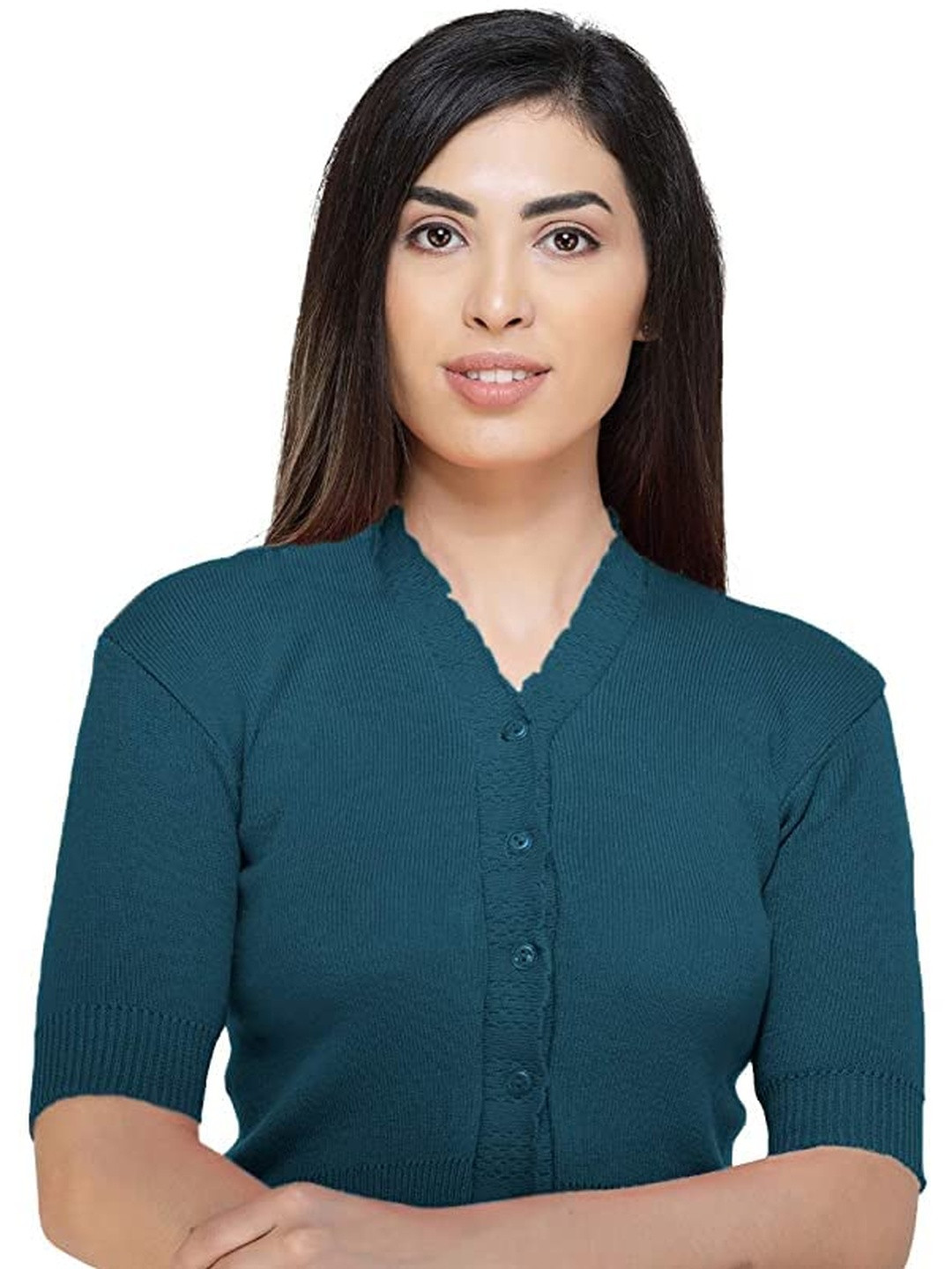 FEMULA Women V-Neck Half Sleeves Regular Fit Woollen Blouse Top for Winter