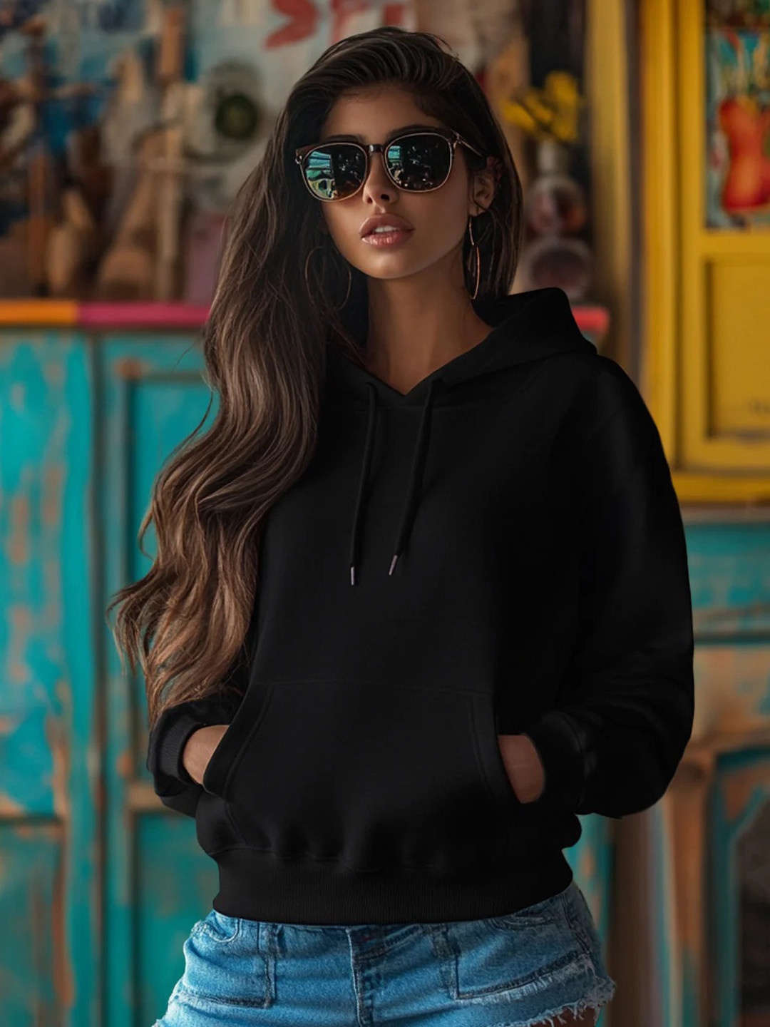 JUNEBERRY Women Black Solid Cotton Fleece Regular Fit Hooded Pullover Sweatshirt