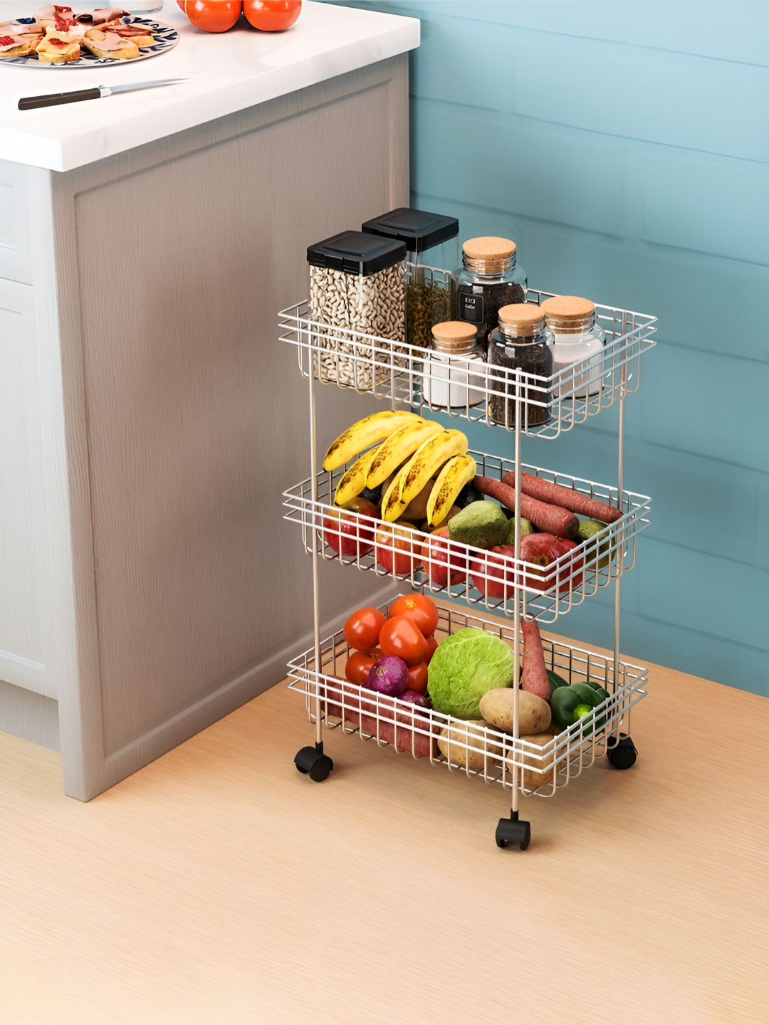 RUBOXA Silver-Toned Metal 3-Layer Fruits & Vegetable Stand Kitchen Trolley Organiser