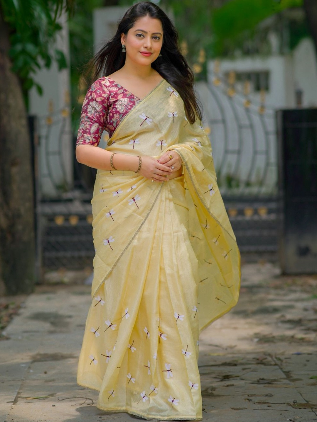 Yellow Soft Kota Cotton Dragonfly Embroidery Saree With Contrast Blouse Piece