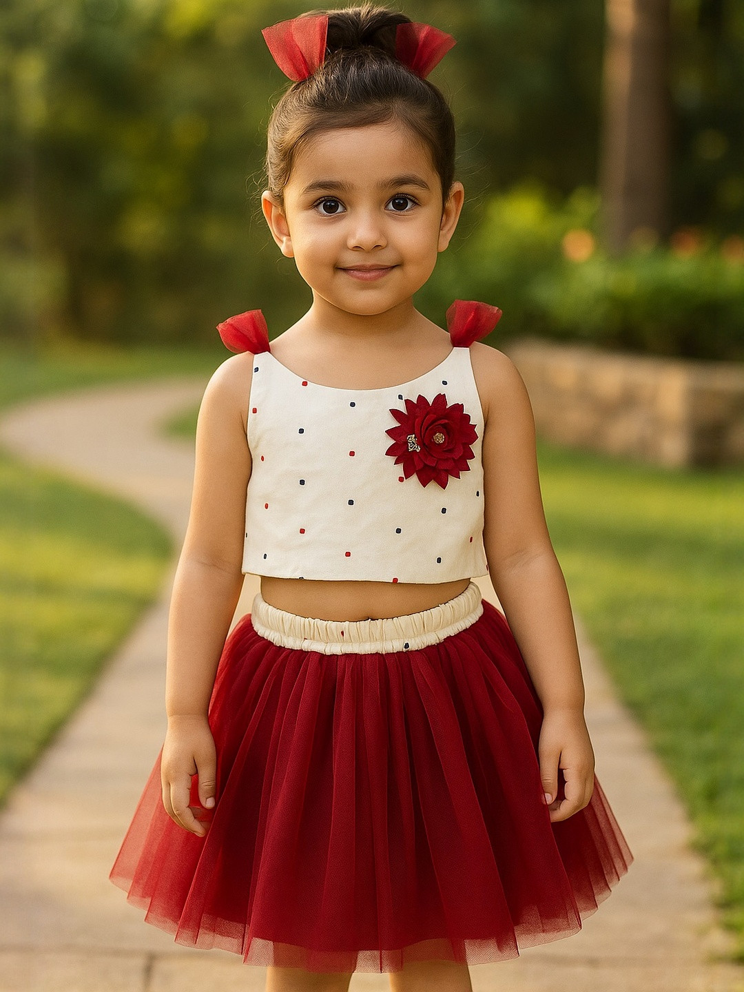 Charan Kanya Girls Maroon Jacquard Silk Embellished Shoulder Strap Crop Top With Skirt