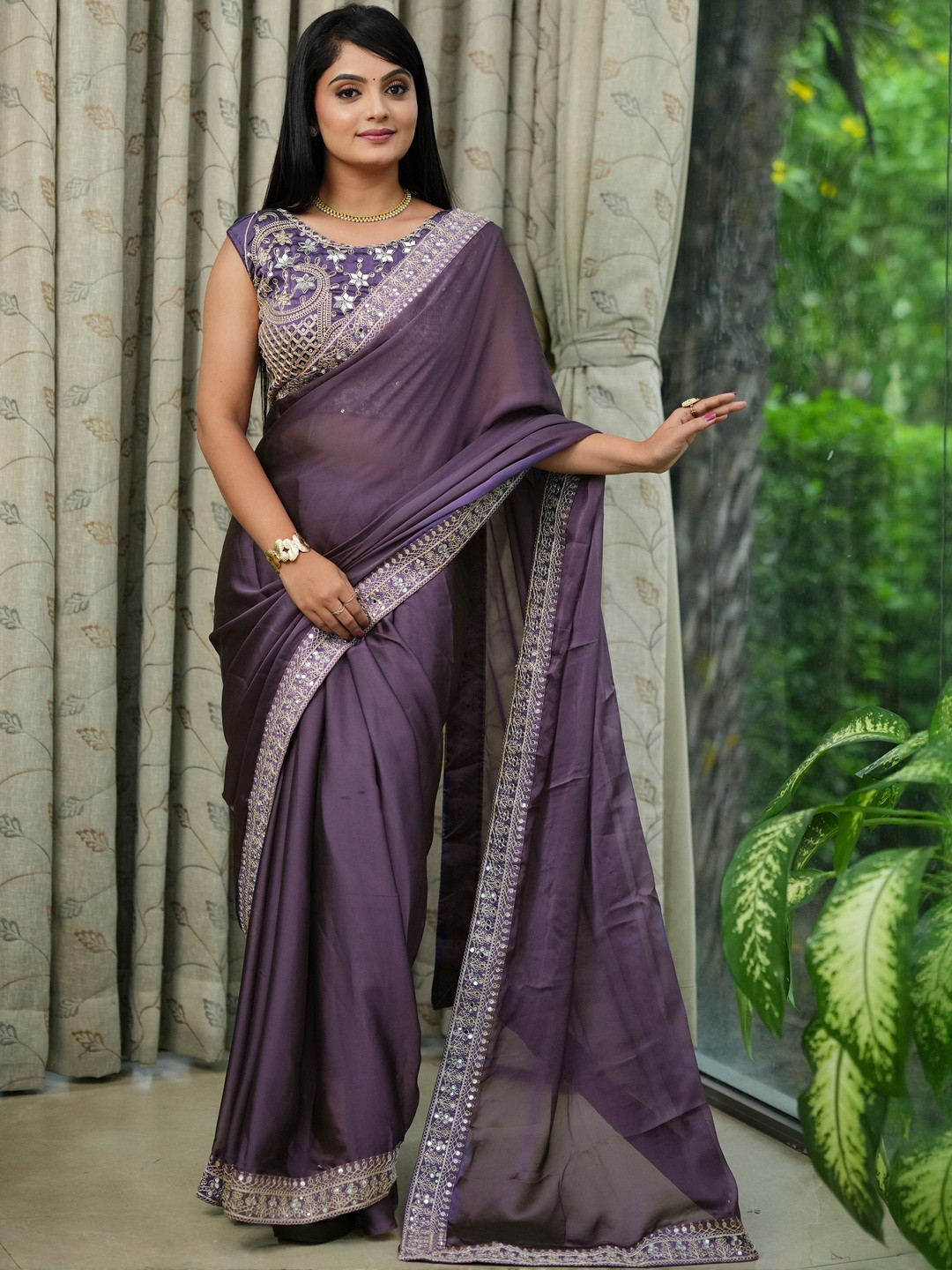 Art Silk Zari And Mirror Work Saree