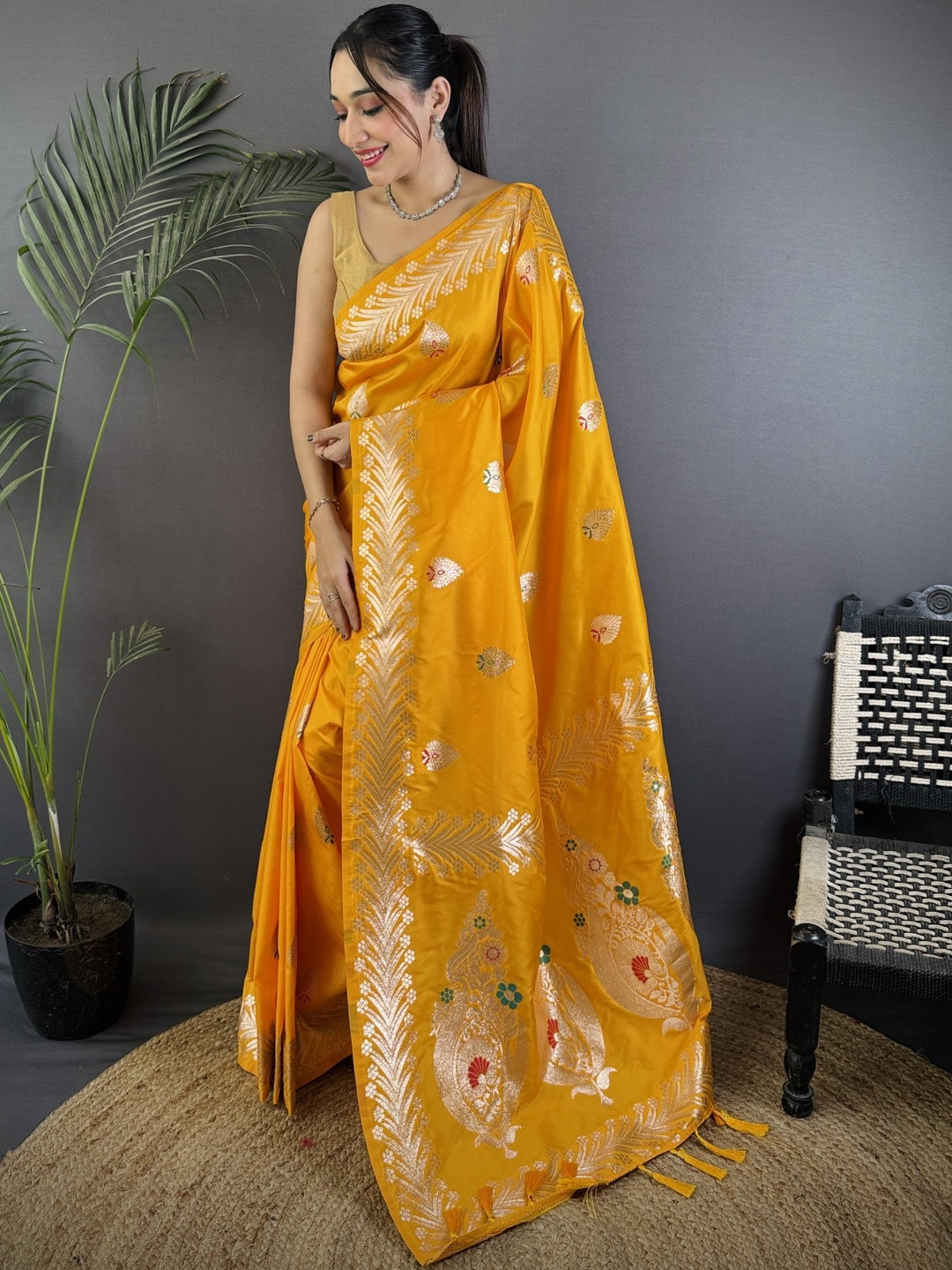 Orange Banarasi Silk Zari Meenakari Weaving Saree With Matching Blouse Piece