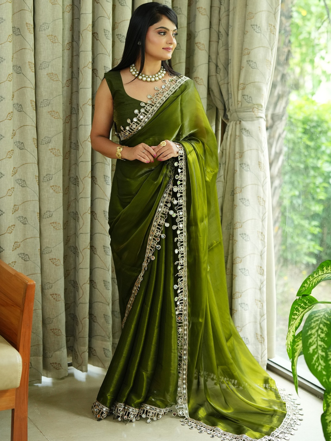 Tissue Mirror Work Border Saree