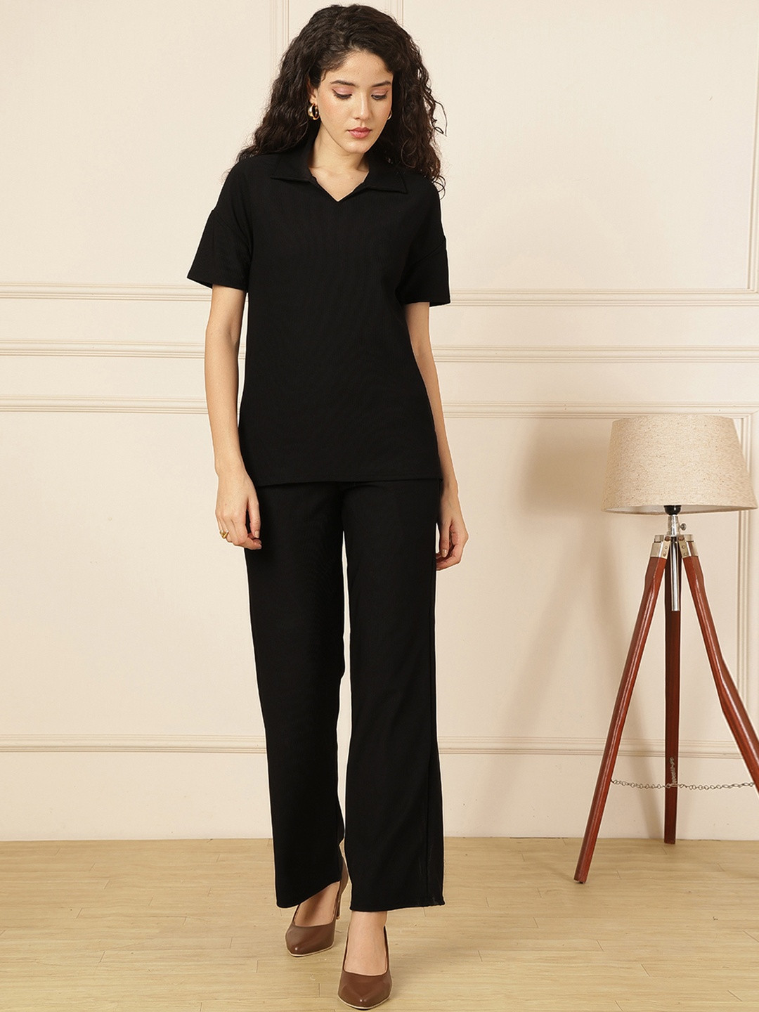 SZN Women Black Polyester Casual Collared Top & Flared Trouser Co-Ord Set