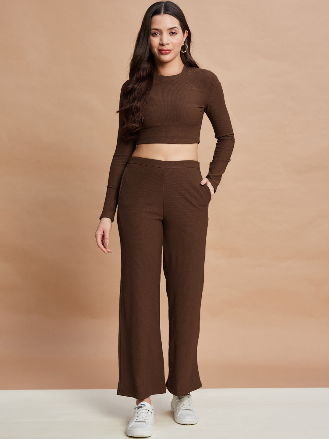 SZN Womens Solid Brown Casual Co-Ord Set