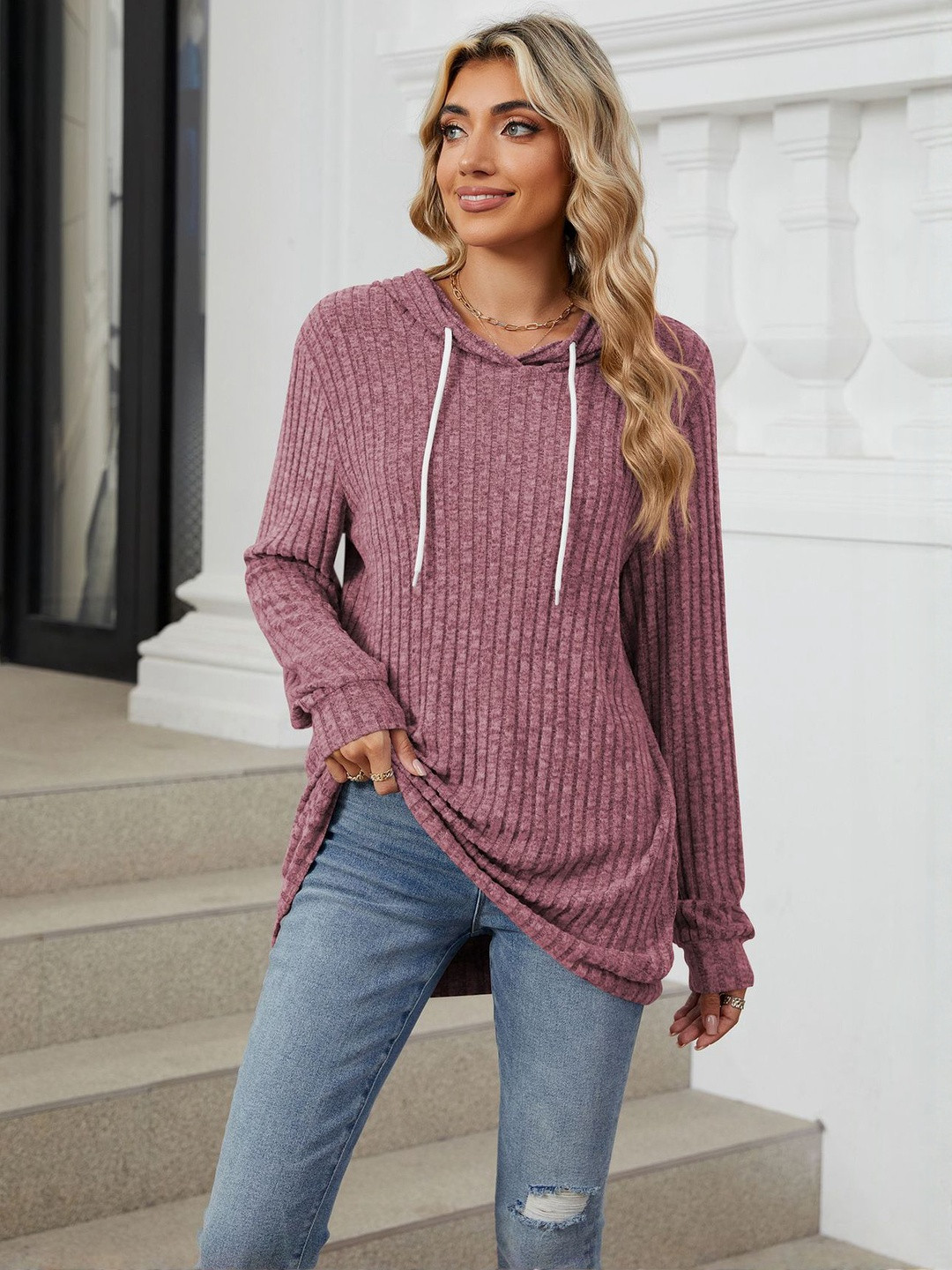 HERE&NOW Women Fuchsia Ribbed Solid Drawstrings Longline Hoodie