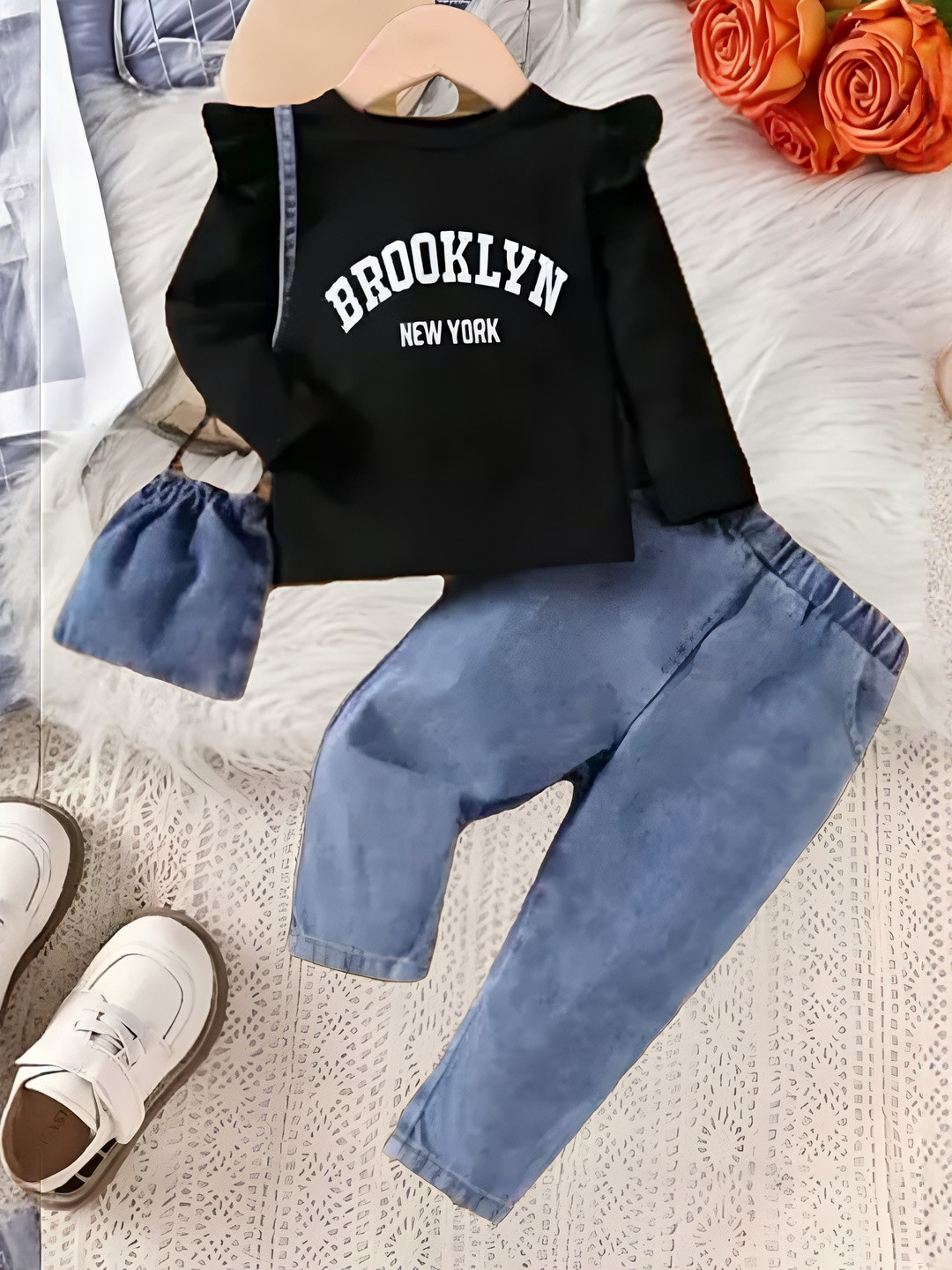 ELPIXIE FASHION Girls Solid Ribbed Top Denim Jogger Trousers & Small Denim Purse