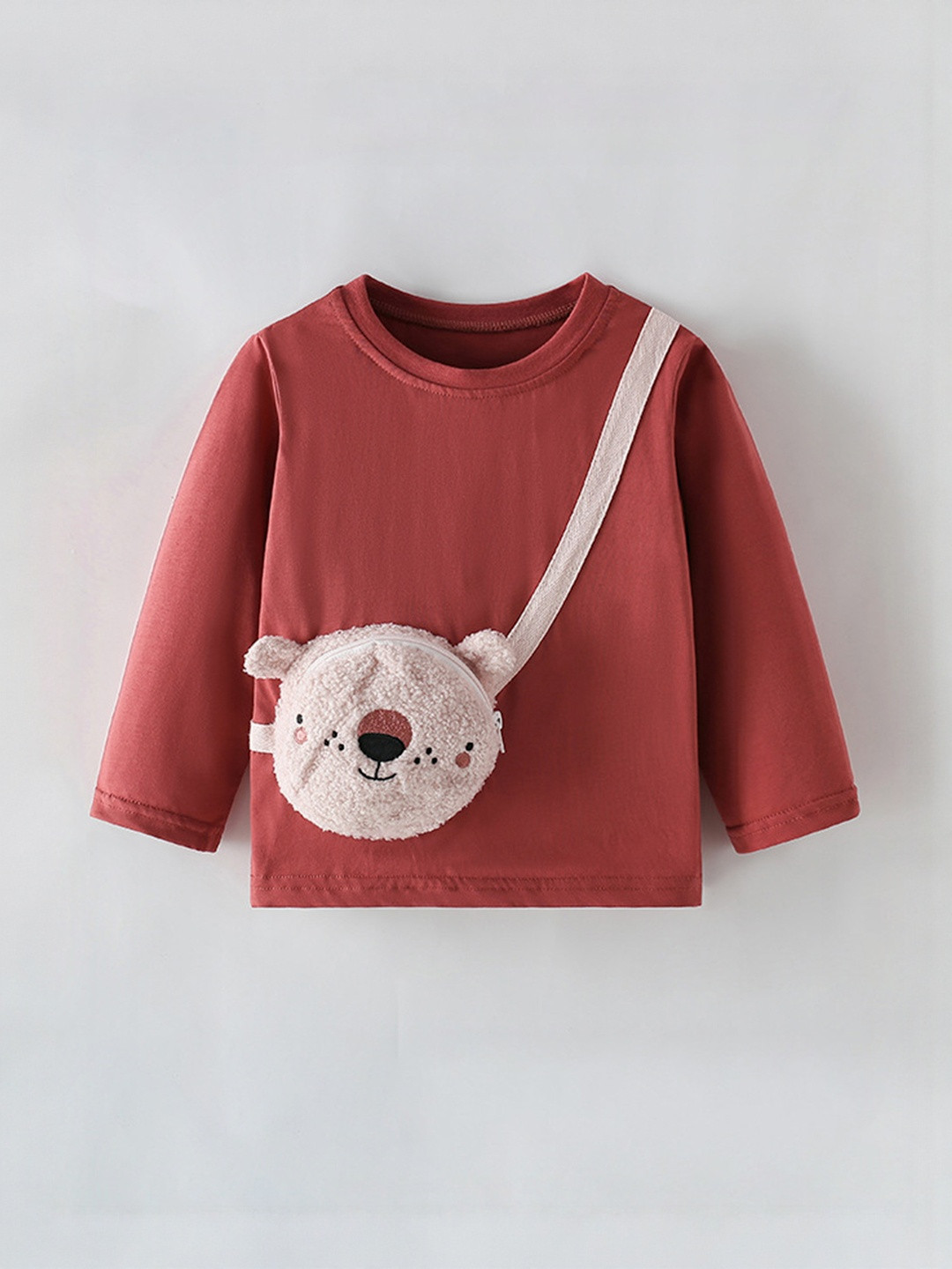 YK Girls Red Sold T-shirt With Attached bear plus Crossbody Bag