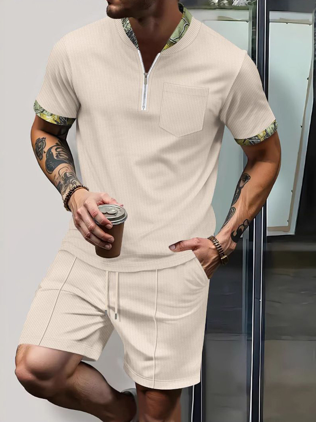 StyleCast x Revolte Self-Design Shawl Neck Tshirt With Shorts
