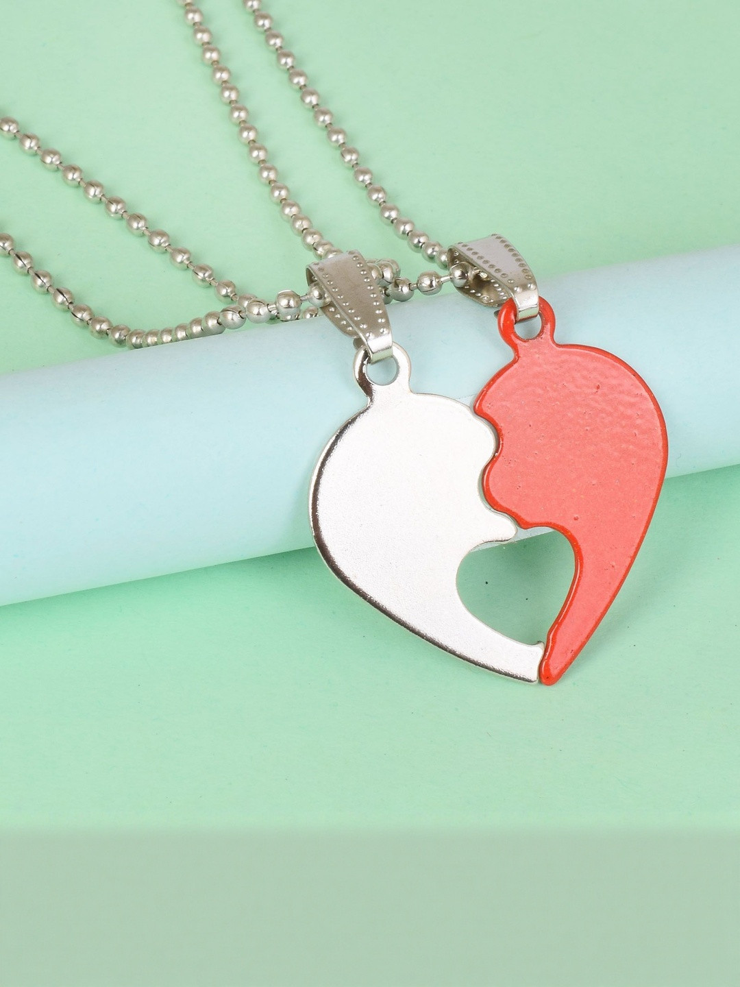 Dual colour two parts Silver and Red Tone Heartshape Love Chain Pendant