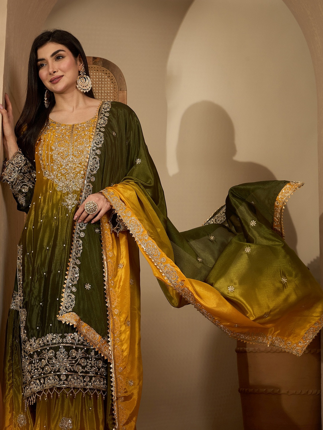 Green Chinon Silk Embroidery Work Kurta With Sharara And Dupatta