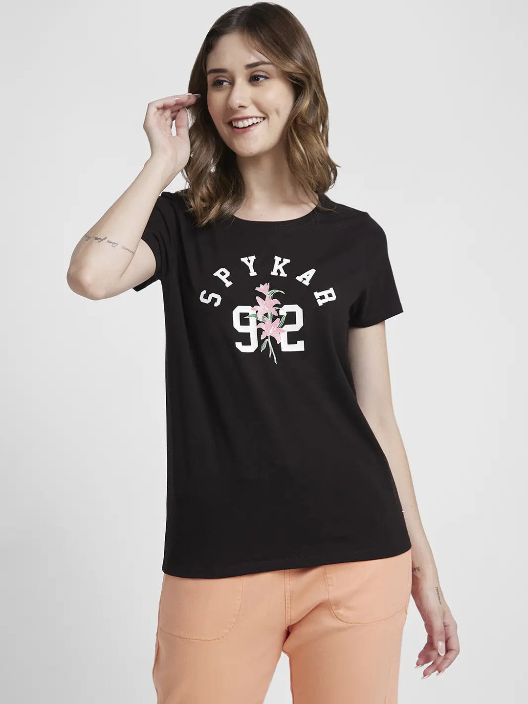 SPYKAR Women Black Cotton Tshirts