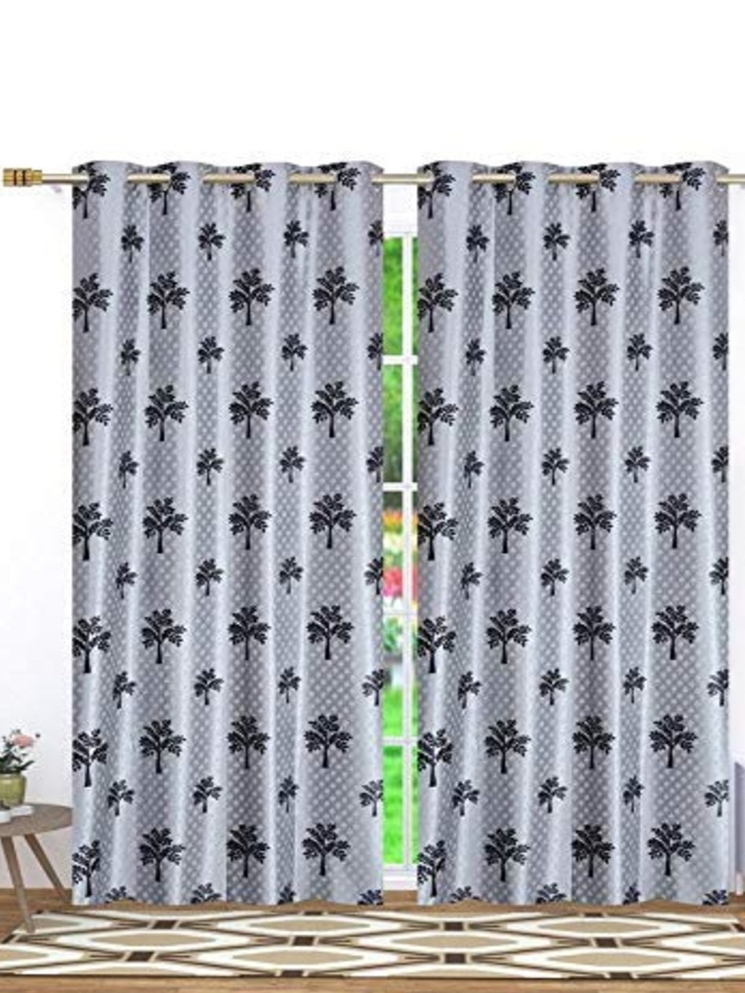 AADI TRADERS Set of 2 Grey Tree Print Semi Transparent Curtain Set