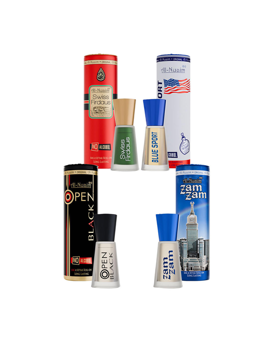 Al-Nuaim Pack of 4 Open Black, Swiss Firdaus & Zam Zam Roll On Attar - 6ml Each