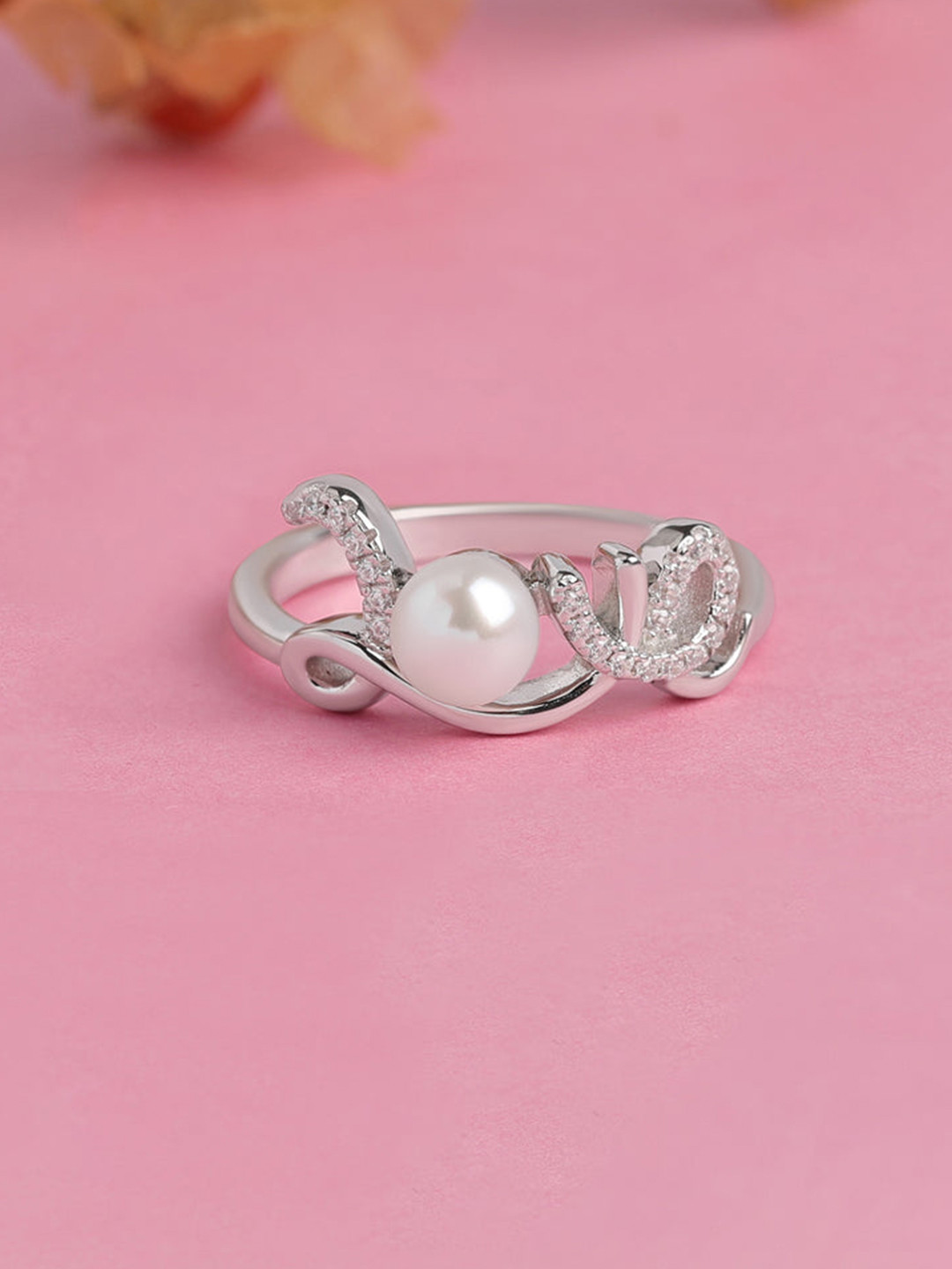 Ornate Jewels Women 925 Sterling Silver Freshwater Pearl and American Diamond Love Ring
