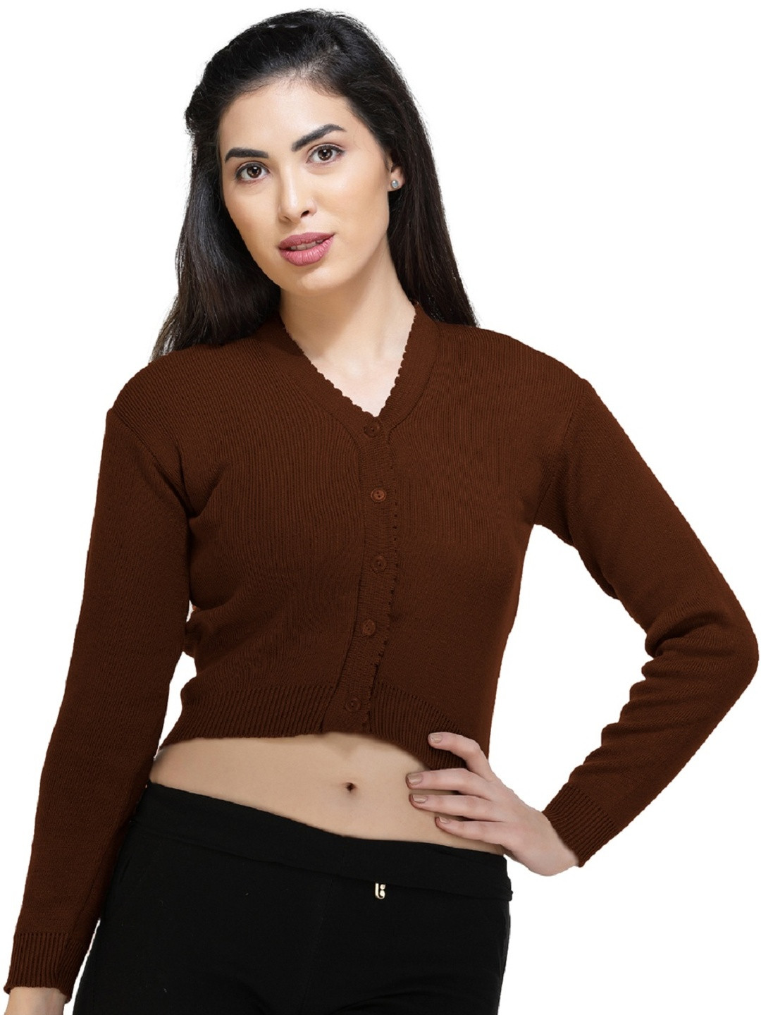FEMULA Women V-Neck Woolen Crop Top