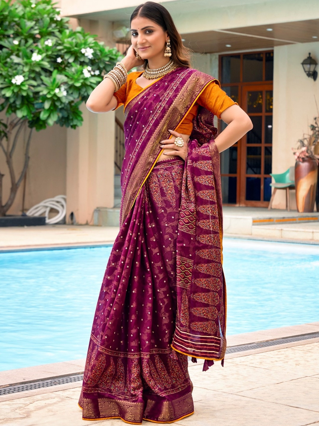 Purple Moss Silk Jaqcuard Butta Weaving Saree With Contrast Blouse Piece