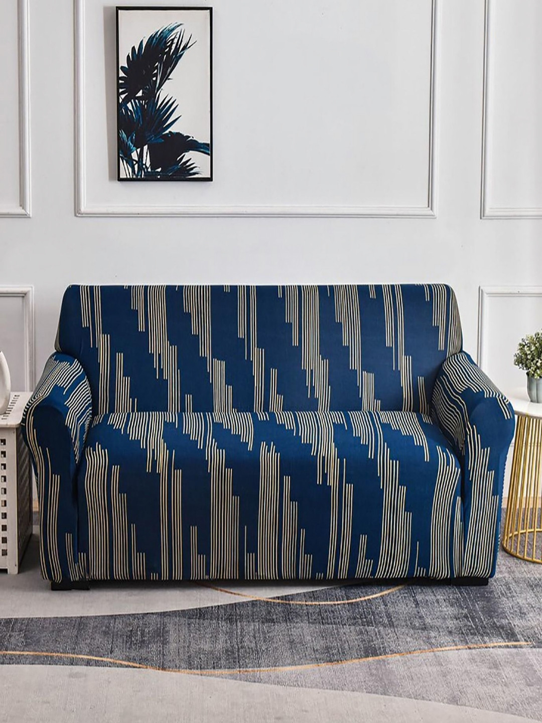 HOUSE OF QUIRK Blue & Beige Geometric Printed 3 Seater Sofa Cover With Arms