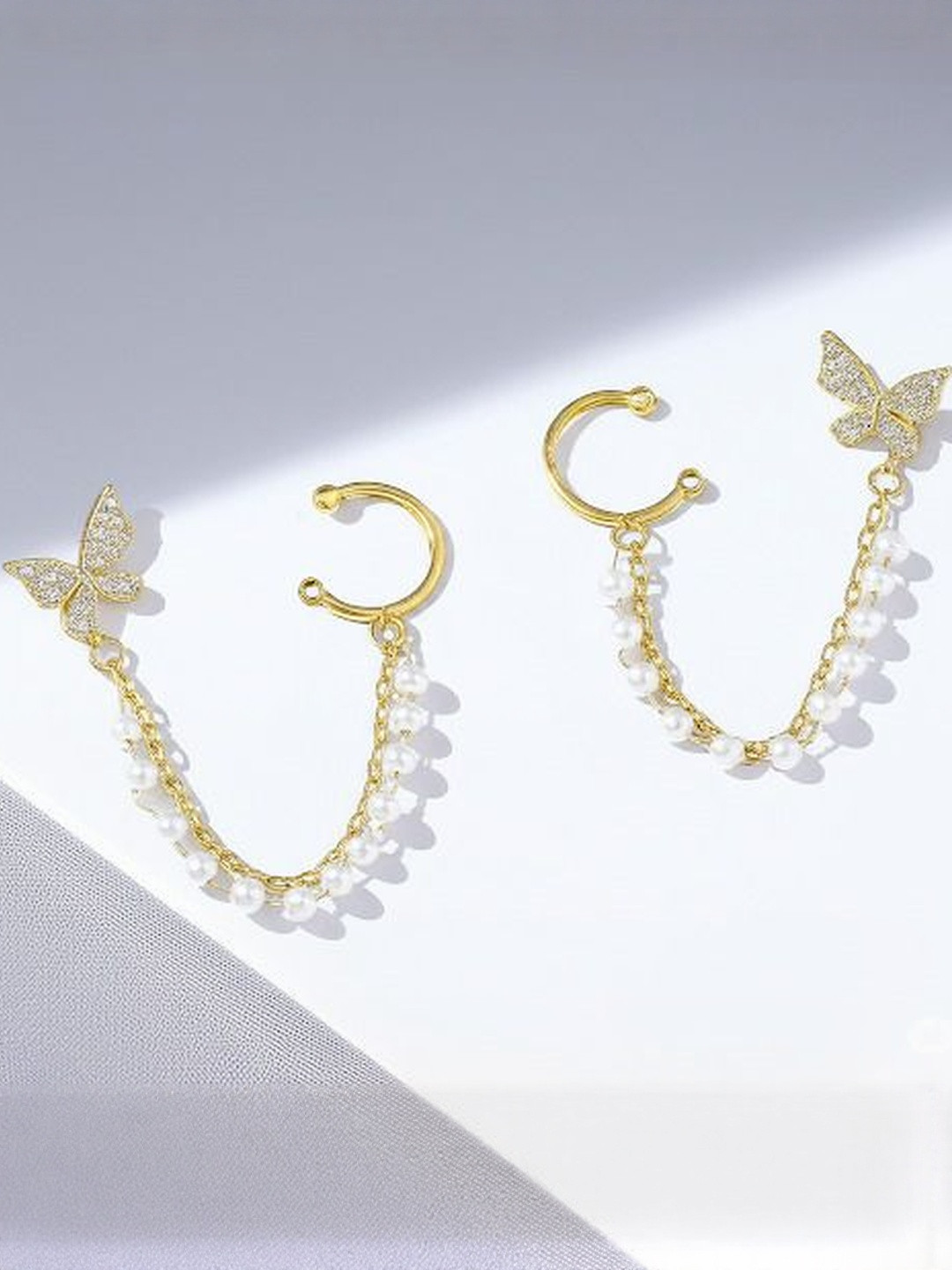 DressBerry Women Gold-Plated Butterfly Pearled Ear Cuff Earrings