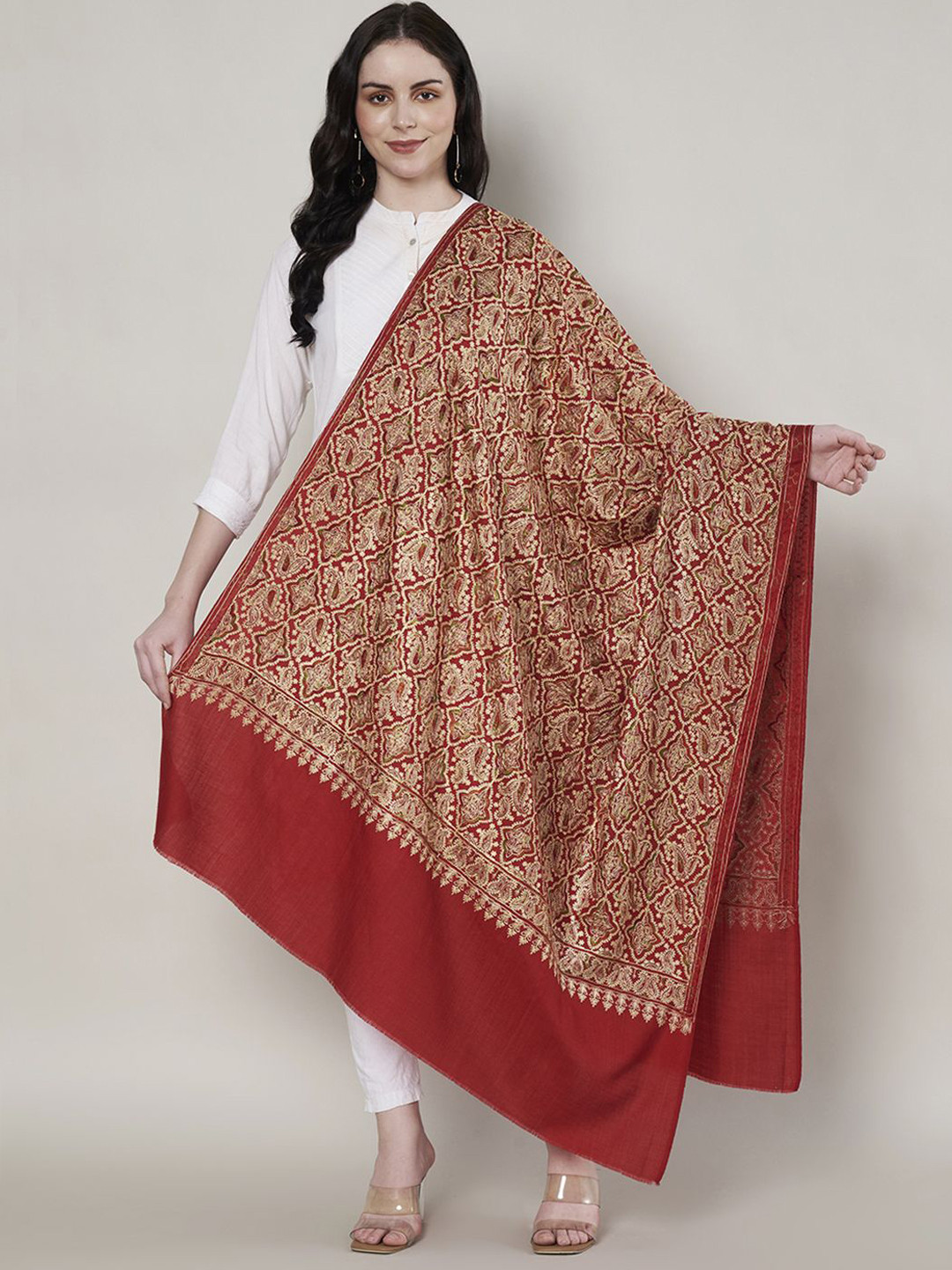 MUFFLY Floral Embroidered Kashmiri Jaal Thread Work Woollen Kalamkari Shawl