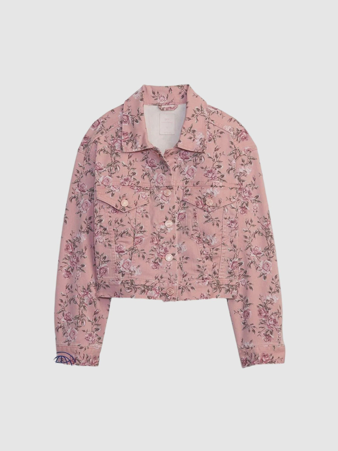 Gap Girls Pink Spread Collar Floral Printed Denim Cotton Jacket