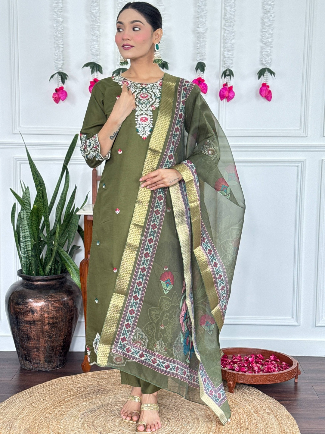 Elegant Olive Green Women Embroidered Kurta Sets with Dupatta