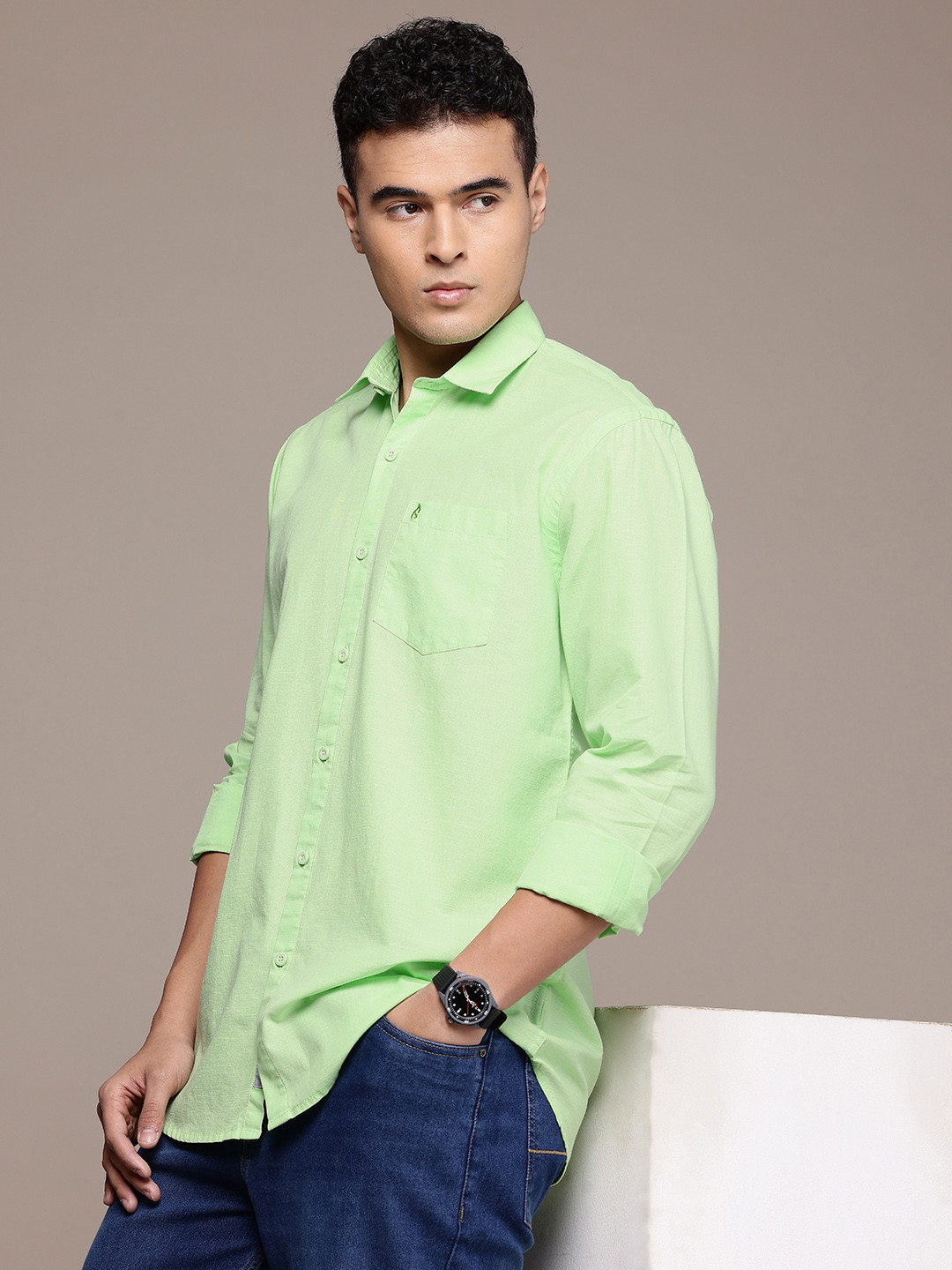 BS BLUE SQUAD Slim Fit Cotton-Linen Casual Shirt