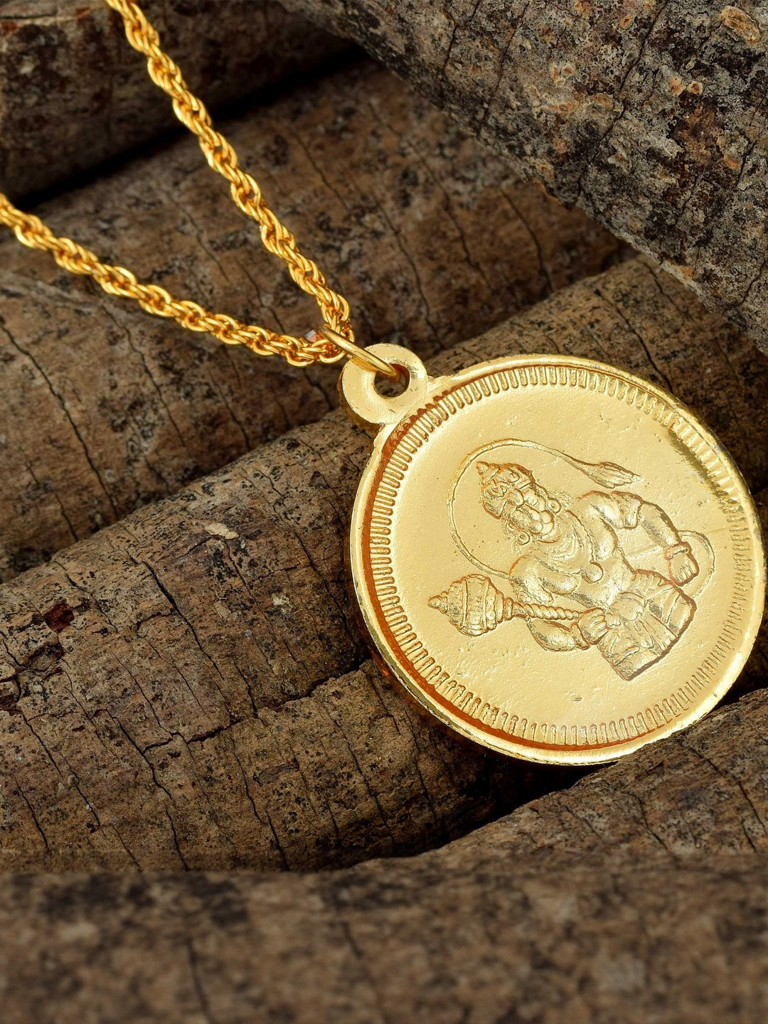 Gold plated Standing Panchmukhi Hanuman Bajrang bali with Raksha kavach coin pendant