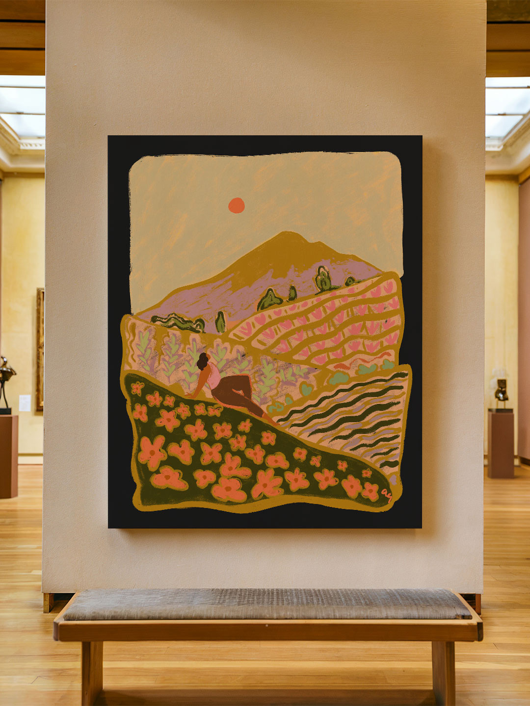 ASIAN MONK Multicoloured Single Piece Wood Field Of Flower Wall Paintings