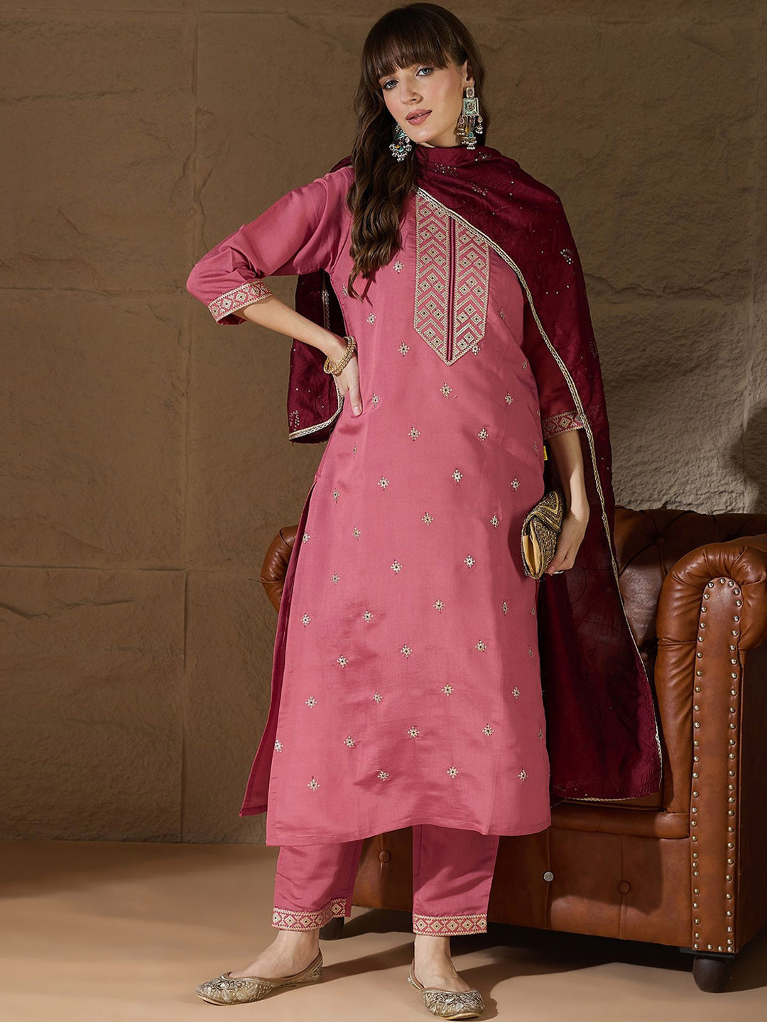VredeVogel Women Ethnic Motifs Embroidered Kurta with Trousers & Dupatta