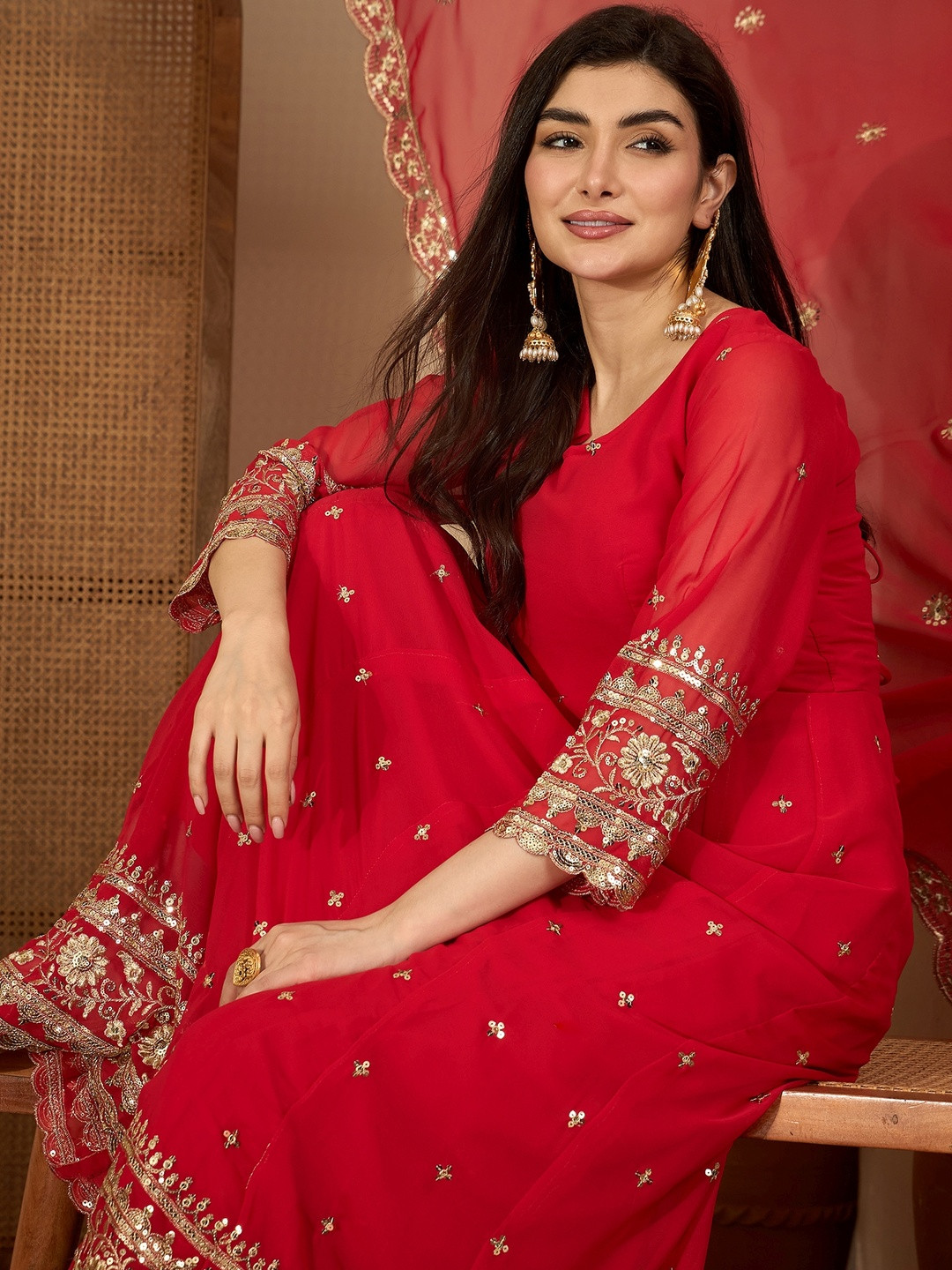 Red Georgette Thread And Sequence Work Anarkali Kurta with Trouser And Dupatta