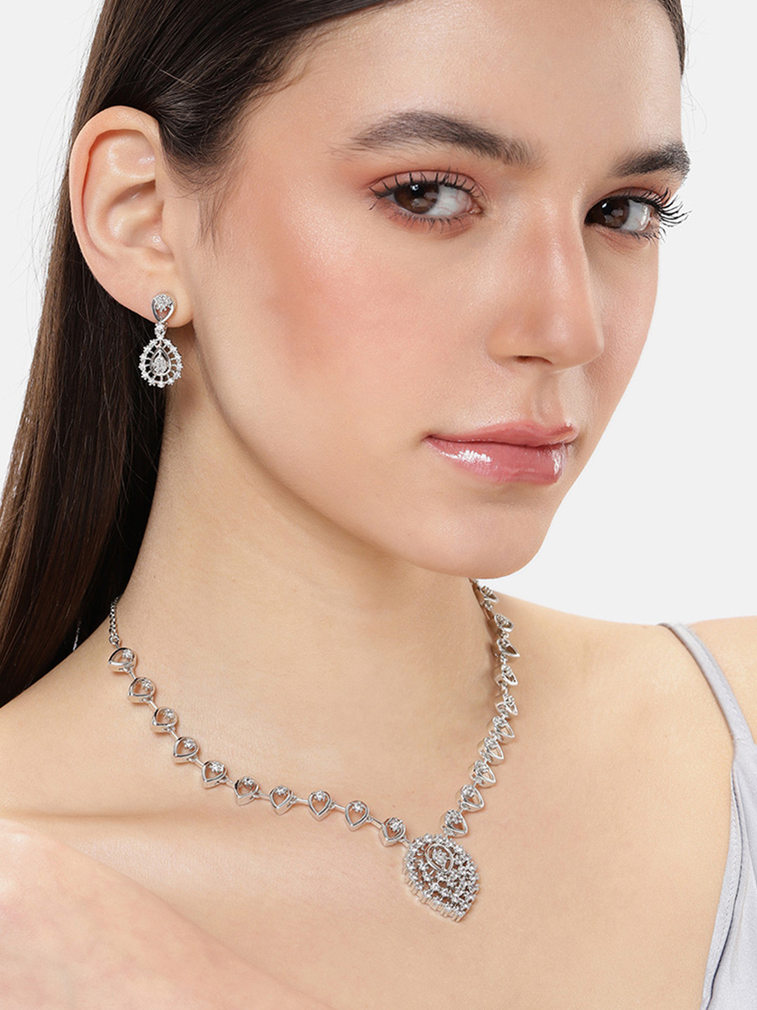 Estele Rhodium Plated CZ Studded Teardrop Shaped Necklace & Earring Jewelry Set