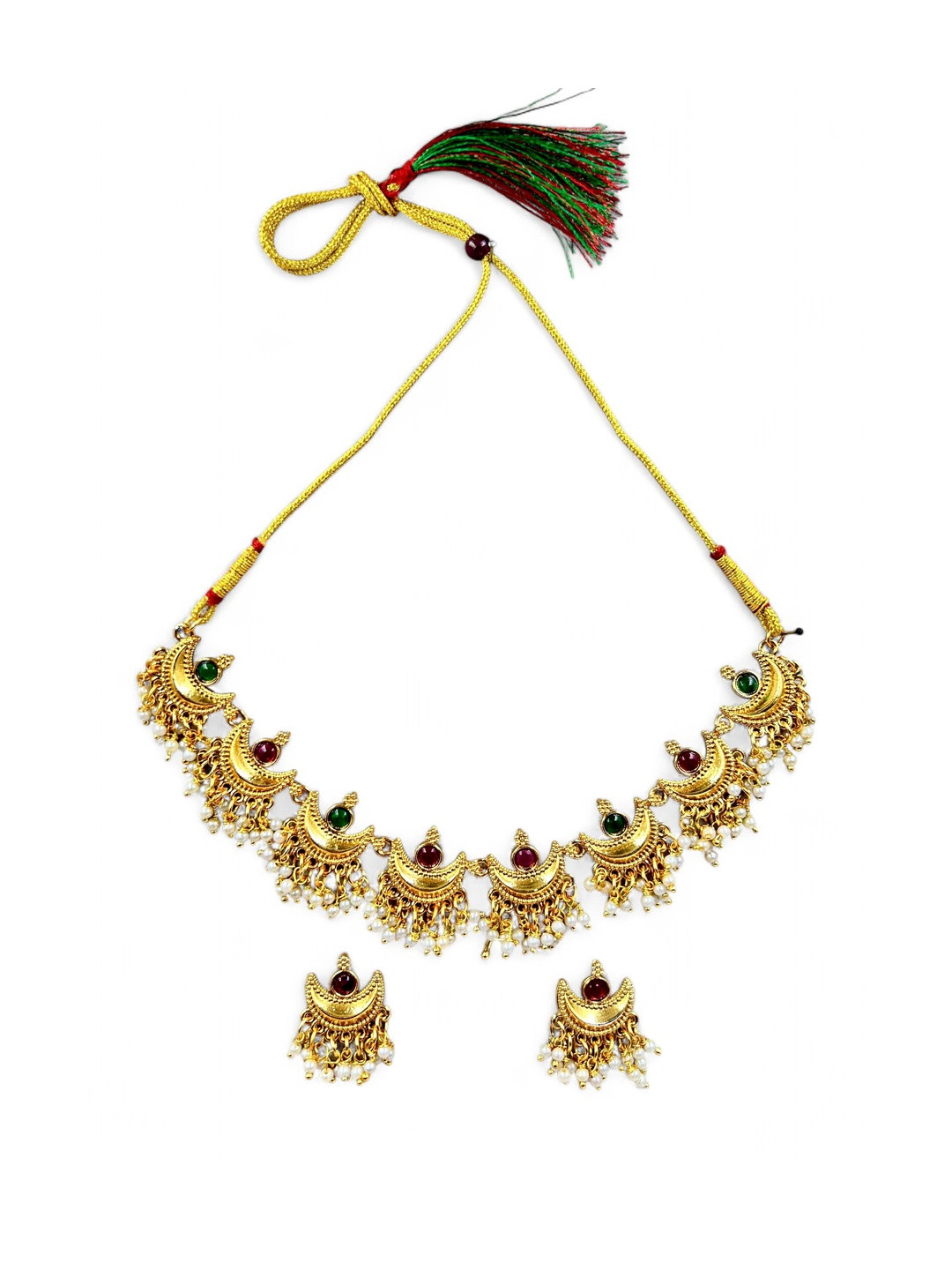 ANTIQUE JEWELLERY Gold Plated Ruby & Emerald Stones Chandrakor Jewellery Set
