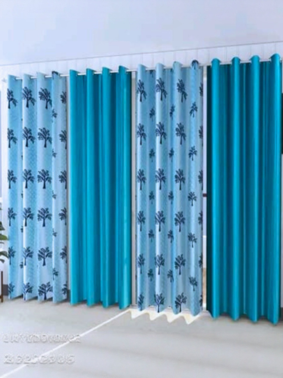 AADI TRADERS Set of 4 Blue Tree Print Semi Transparent Curtain Set