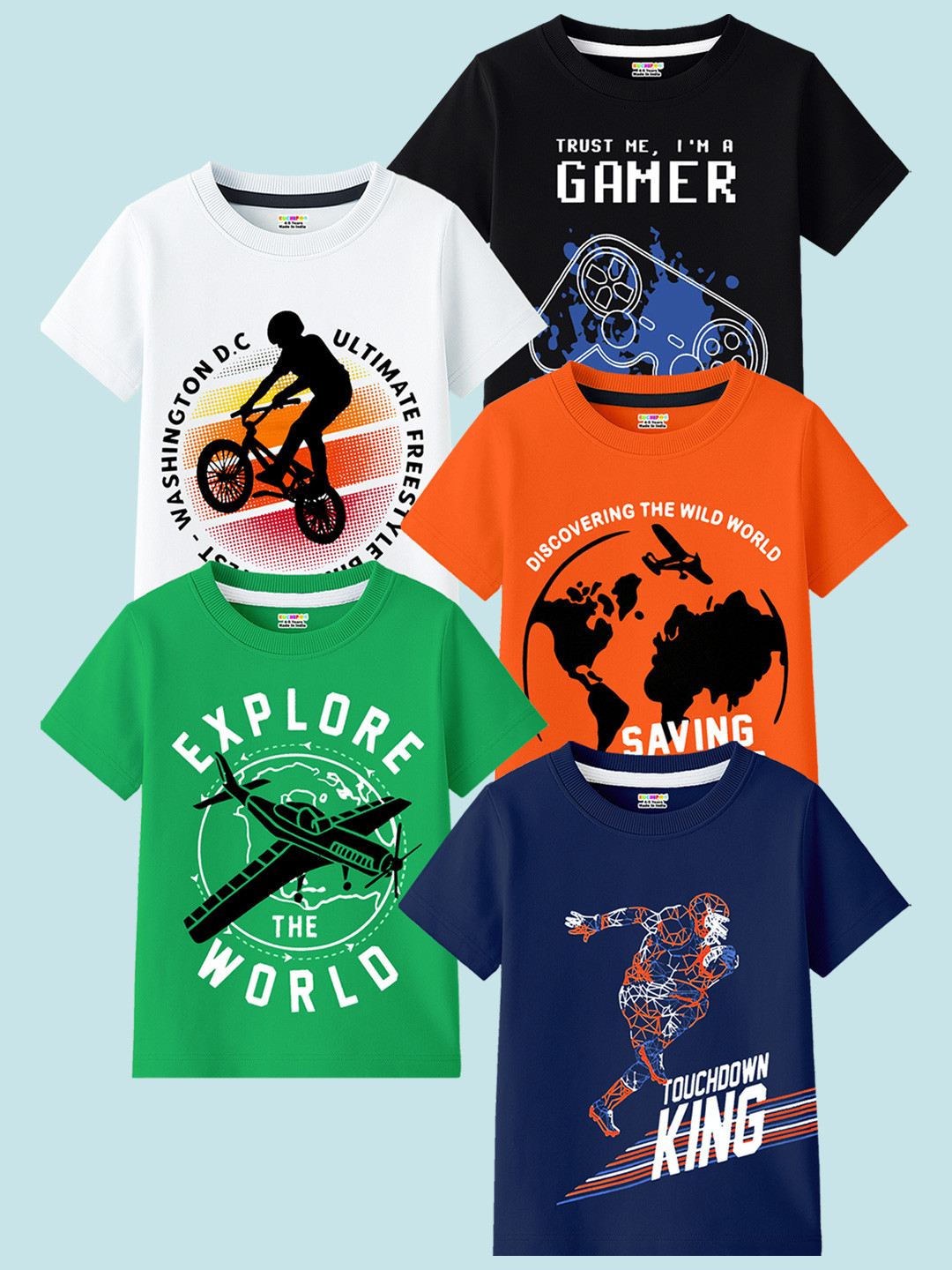 KUCHIPOO Boys Pack Of 5 MultiColored Printed T-shirt