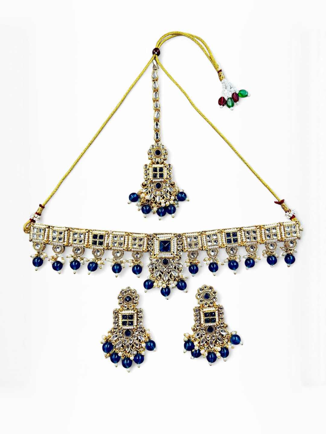 Antique Jewellery Exquisite Gold-Plated Kundan & Petrol Blue Beads Jewellery Set
