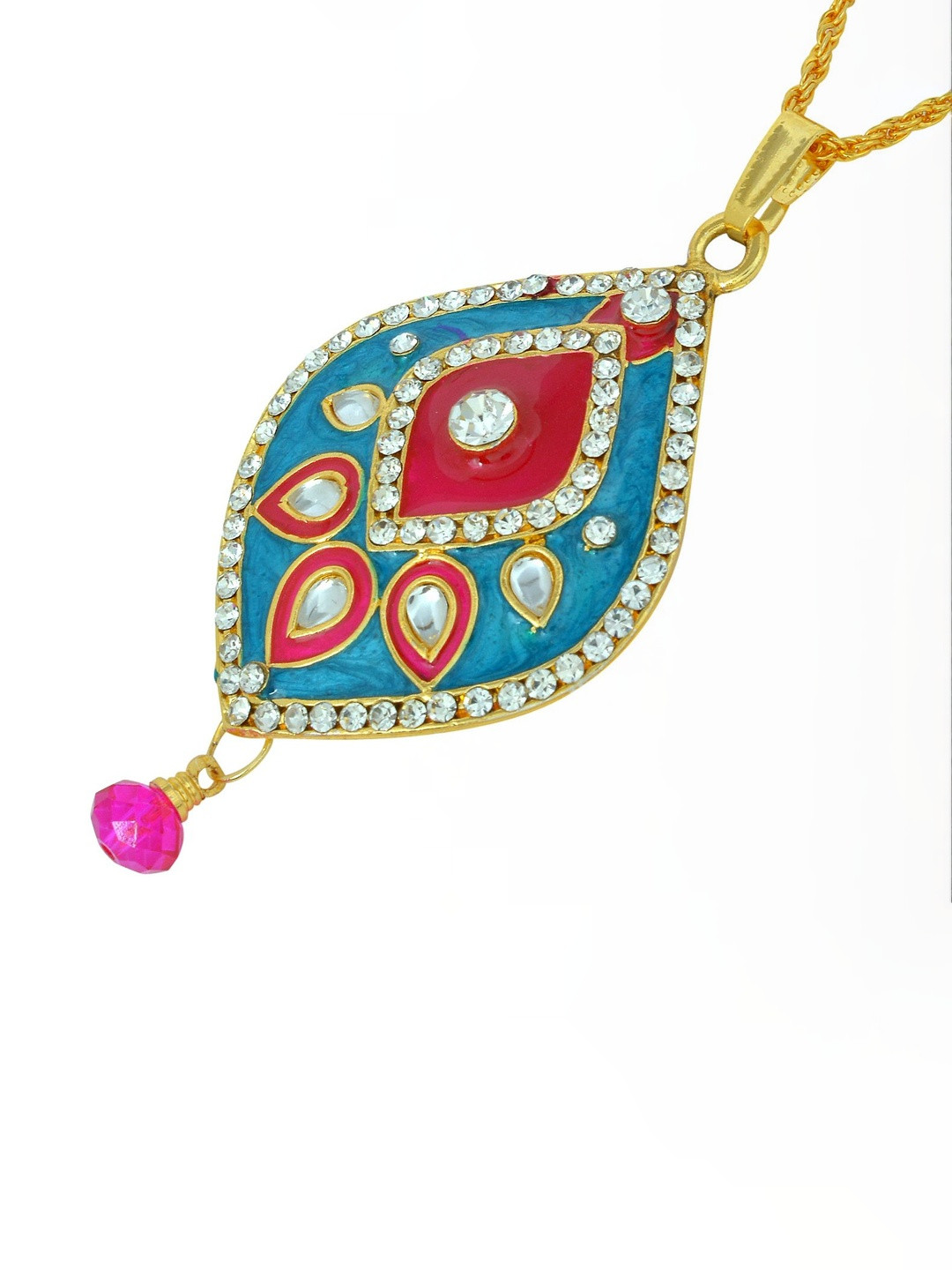 Gold Plated CZ studded Red and Turquoise Firoza Meenakari Kundan Pear shape chain pendant