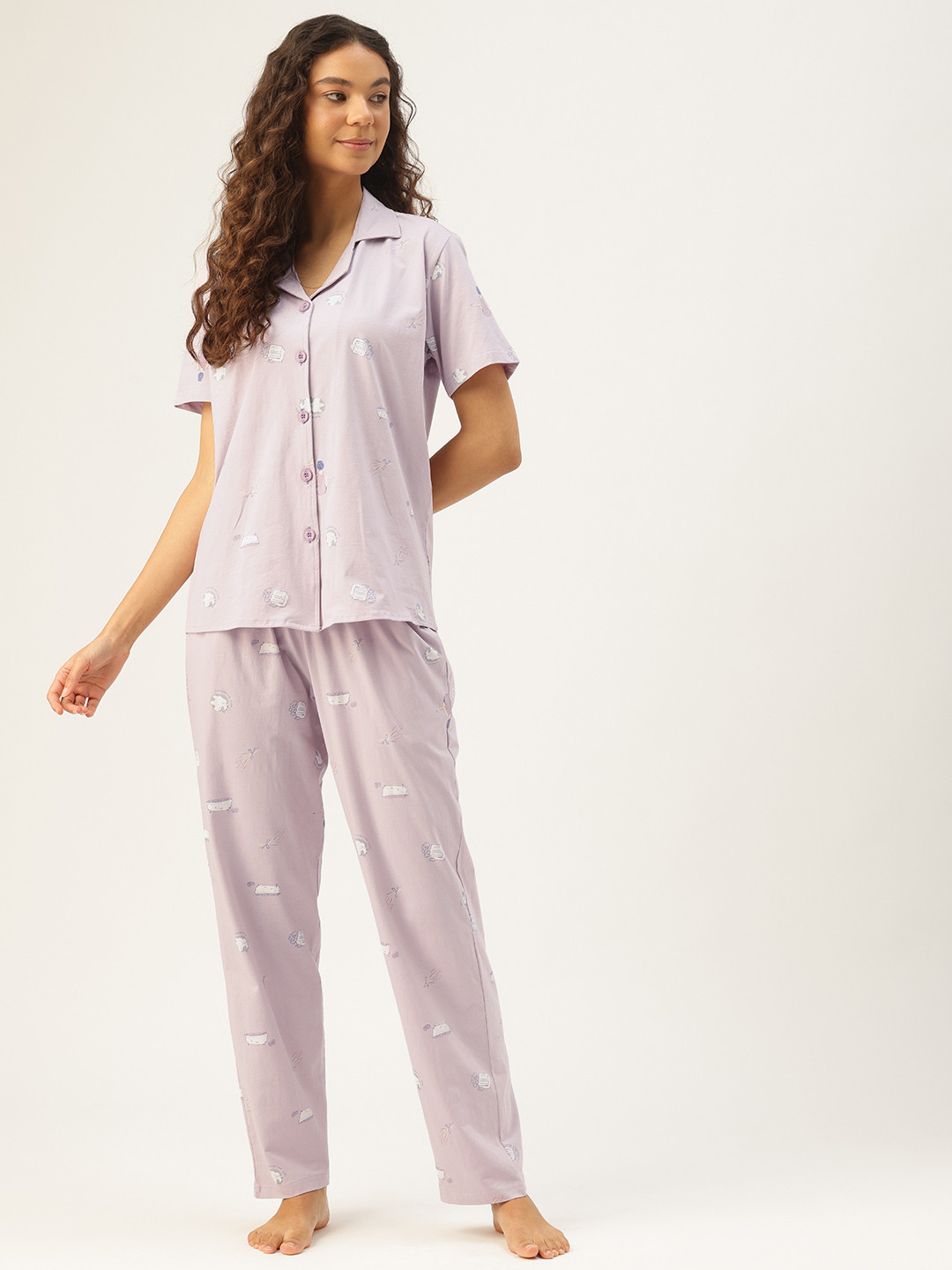 Clt.s Graphic Printed Shirt With Pyjamas CO1489-Mauve-Mauve